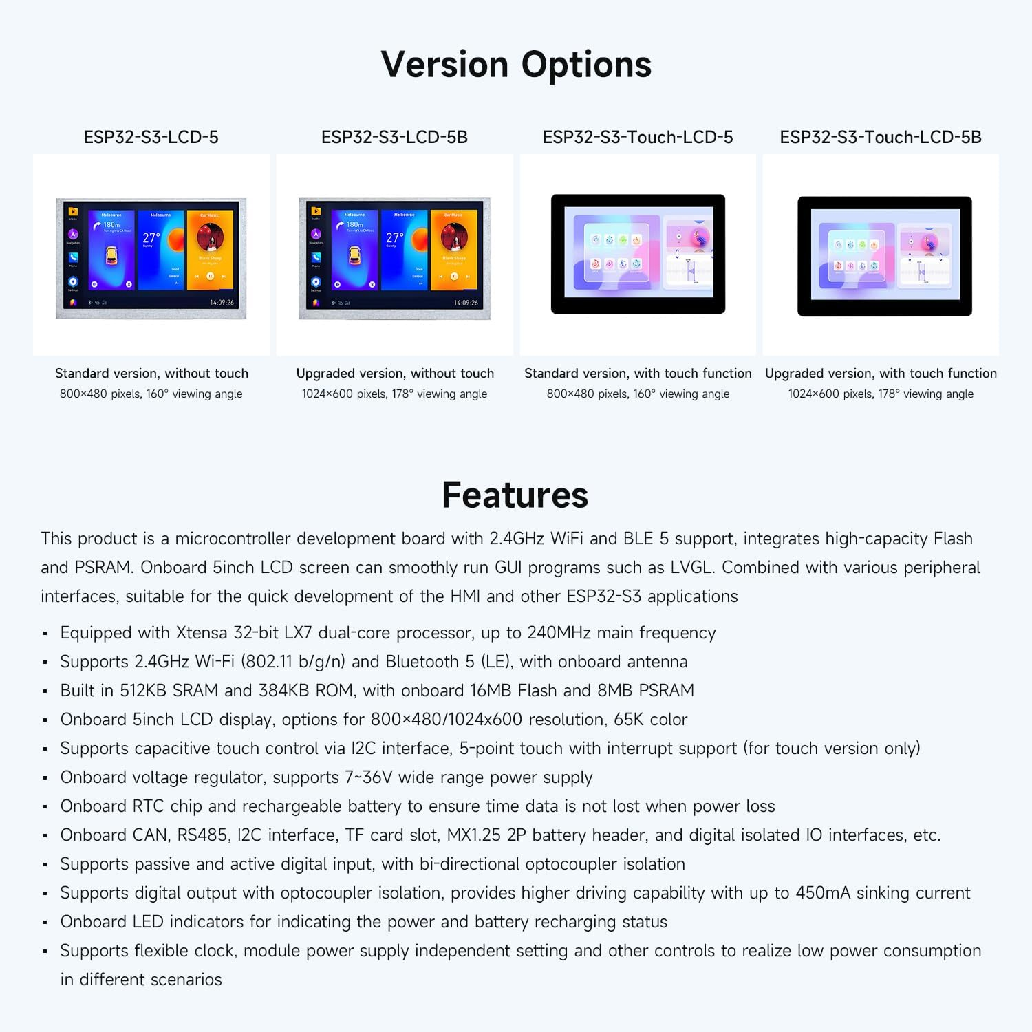 Waveshare ESP32-S3 5Inch Display Development Board, 800&times;480, 32-Bit LX7 Dual-Core Processor, up to 240Mhz Frequency, Supports WI-F & Blue-T, with Onboard Antenna, No Touch image number 1