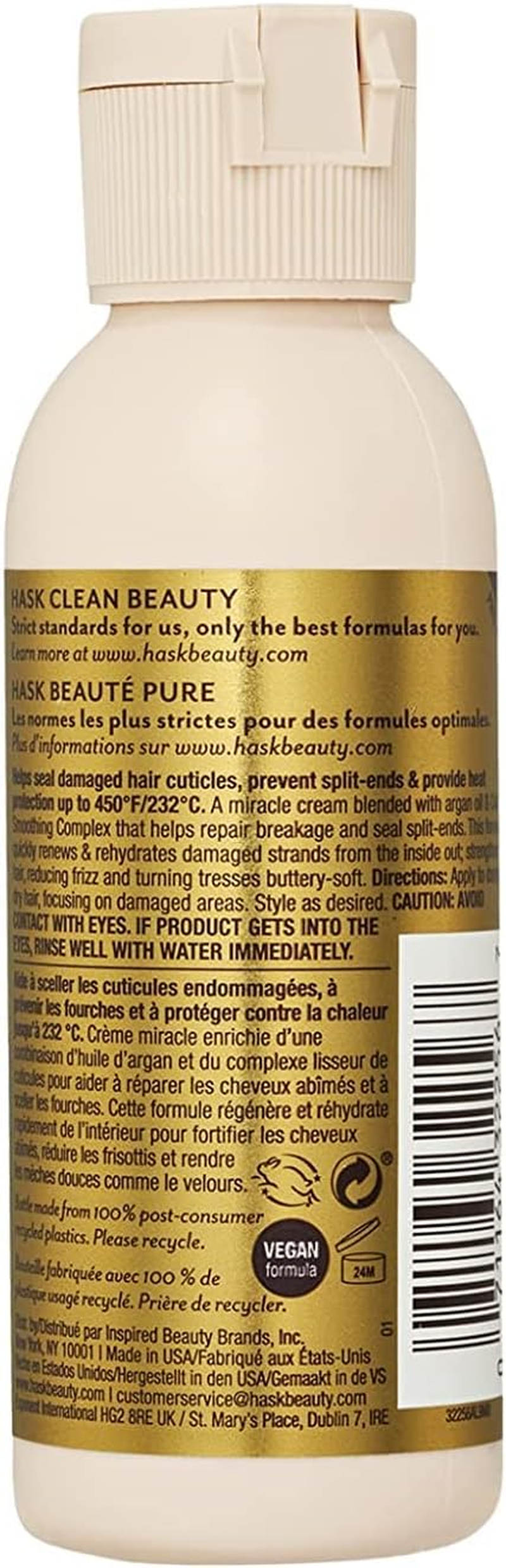 HASK Argan Oil Miracle Damage Repair Cream for All Hair Types, Colour Safe, Gluten-Free, Sulfate-Free, Paraben-Free - 1 60Ml Bottle