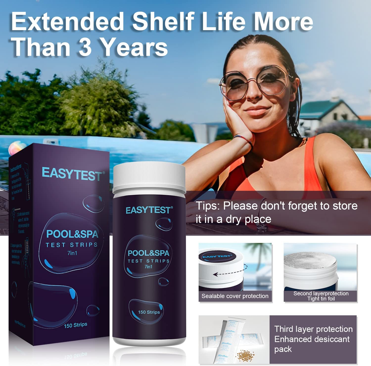 EASYTEST 7-Way Pool Test Strips, 150 Strips Water Chemical Testing for Hot Tub and Spa, Accurate Test Bromine, Total Alkalinity, Ph, Free Chlorine, Total Hardness, Cyanuric Acid, and Total Chlorine