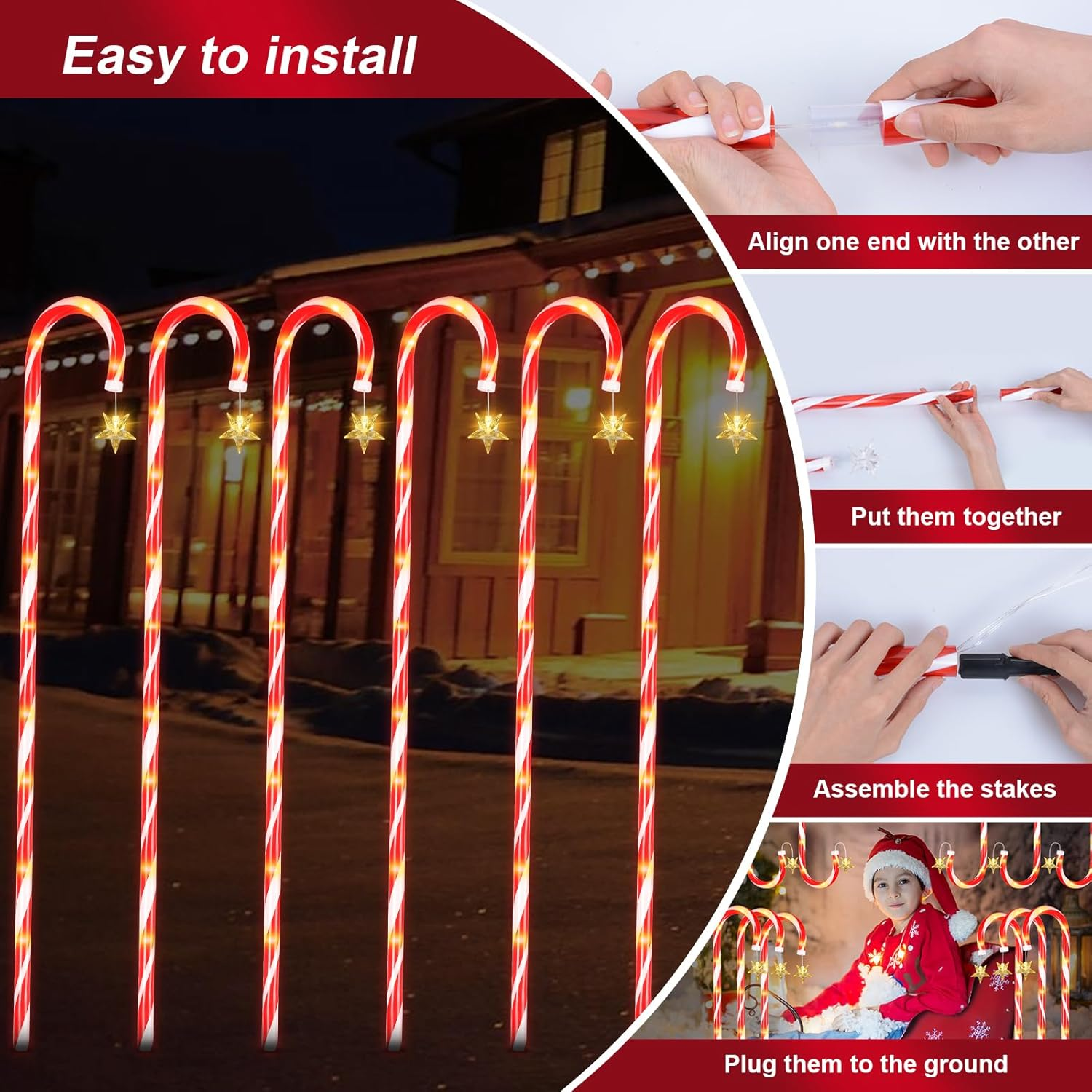 Ninonly 1.2M Solar Christmas Candy Cane Lights, 6 Pack Solar Christmas Lights Outdoor with 8 Modes, 78 Leds Waterproof Xmas Garden Light USB Charging for Yard Pathway Decorations image number 4