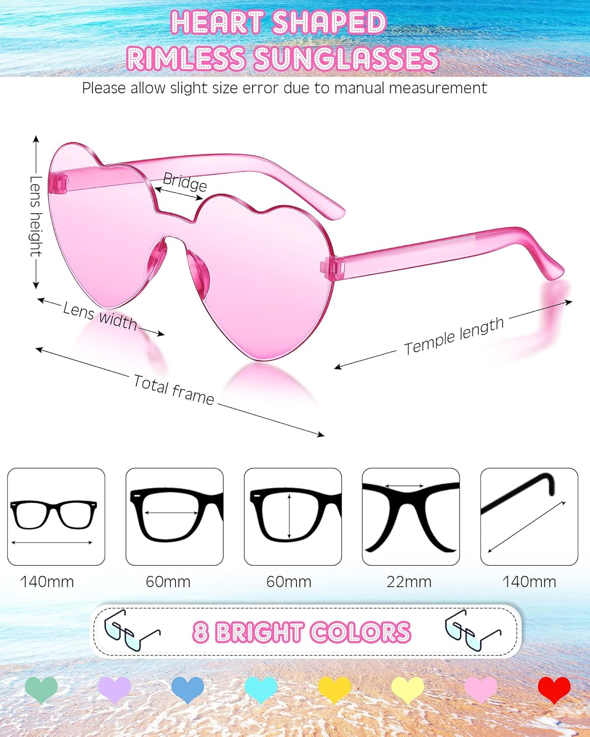 Party Glasses 10 Pack, Rimless Heart Shaped| Retro round Sunglasses, Multipack Eyewear for Party Fancy Dress Costume, Love Heart| Funky Glasses for Men Women Adults image number 4