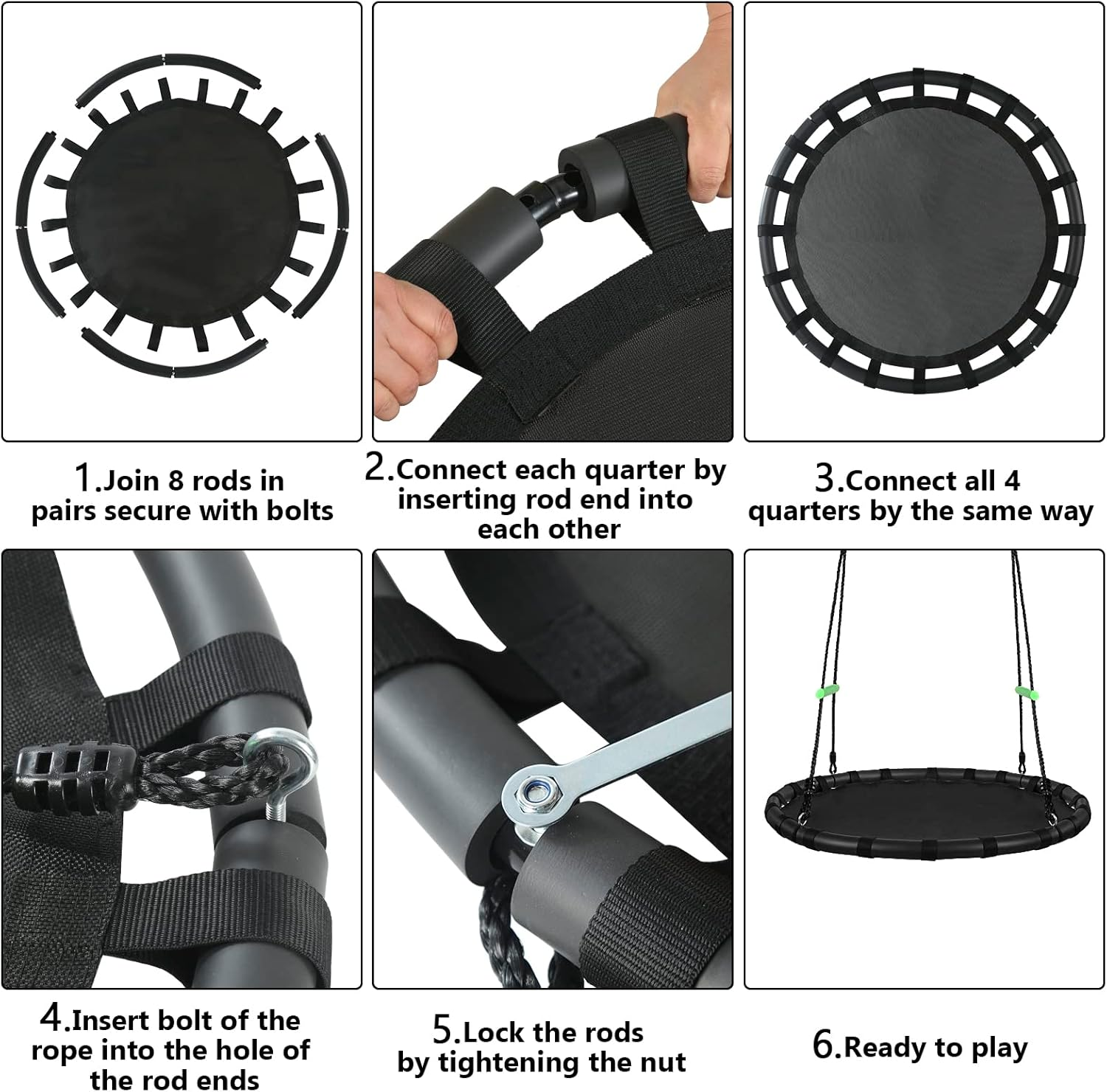 Black Hanging Tree Swing with Detachable Frame,Pp Mat,Adjustable Multi-Strand Ropes,Safe and Durable Saucer Swing for Yard Garden Playground Park (40 Inch Diameter, Black with Extra Strap) image number 4