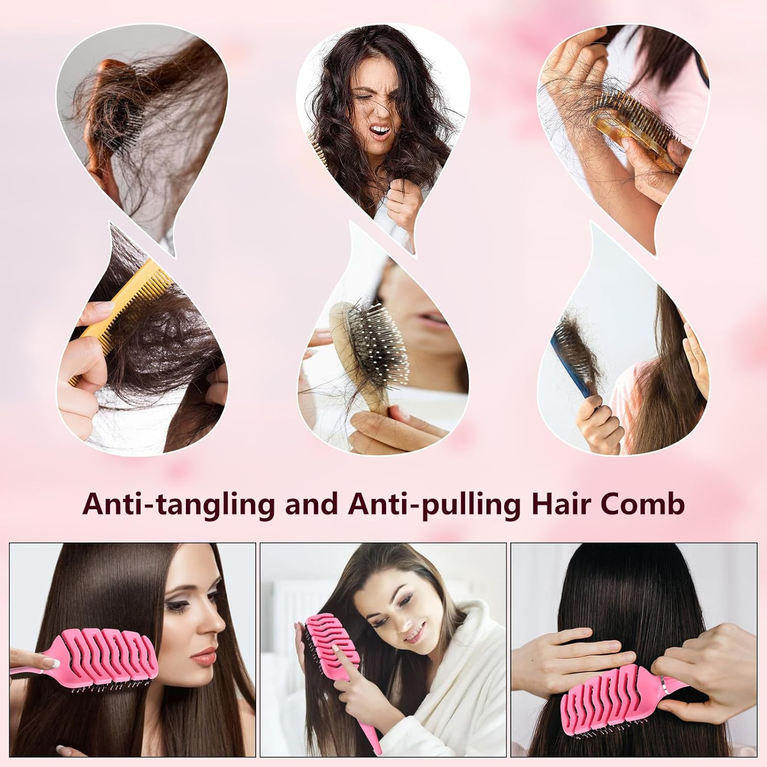 Blendura Hair Comb, Boar Bristle Hair Brush, Quick Drying Fluffy Styling Comb, Anti-Knot and Anti-Pull Hair Brush, Gentle Scalp Massage Brush, Suitable for All Hair Structures, Pink, Hair Brush image number 2