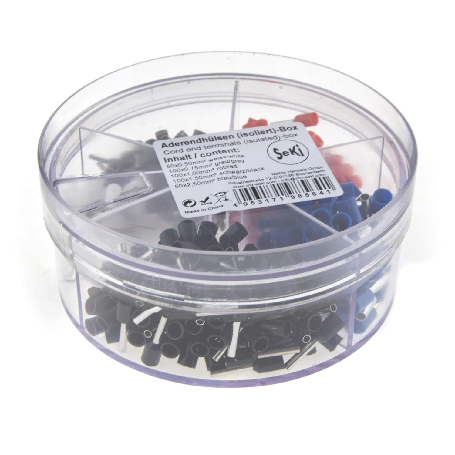 Seki Conductor Sleeves Assortment Shaker Insulated 400 Pcs. (50 X 0.50 Mm&sup2;, 100 X 0.75 Mm&sup2;, 100 X 1.00 Mm&sup2;, 100 X 1.50 Mm&sup2;, 50 X 2.50 Mm&sup2;) in Accordance with DIN Colour Code in Shaker