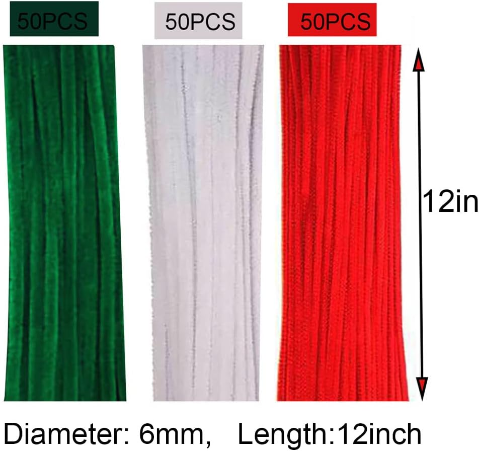 150Pcs Christmas Pipe Cleaners Craft Set Including 50Pcs Green Chenille Stems, 50Pcs White Chenille Stems, and 50Pcs Red Pipe Cleaners for DIY Crafts Christmas Decorations (150Pcs Red White Green) image number 6