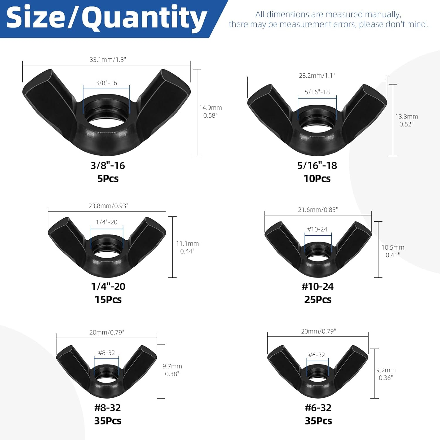 Glarks 125Pcs 6 Sizes Black Wing Nuts Assortment Kit, 3/8&rsquo;&rsquo;-16, 5/16&rsquo;&rsquo;-18, 1/4&rsquo;&rsquo;-20, #10-24, #8-32, #6-32 High Strength Carbon Steel Butterfly Nuts, Wing Bolt Fasteners image number 2