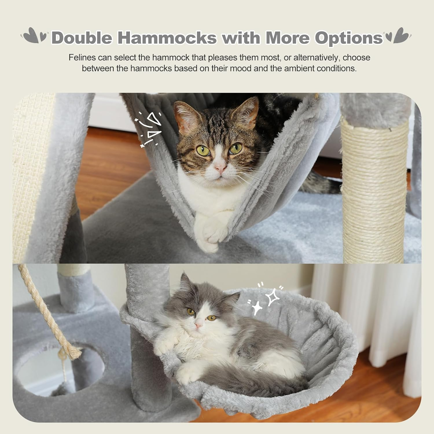 PAWZ Road 161Cm Large Cat Tree, Multi-Level Cat Tower with 2 Luxury Condos, 2 Cozy Perches and Hammock Grey image number 6