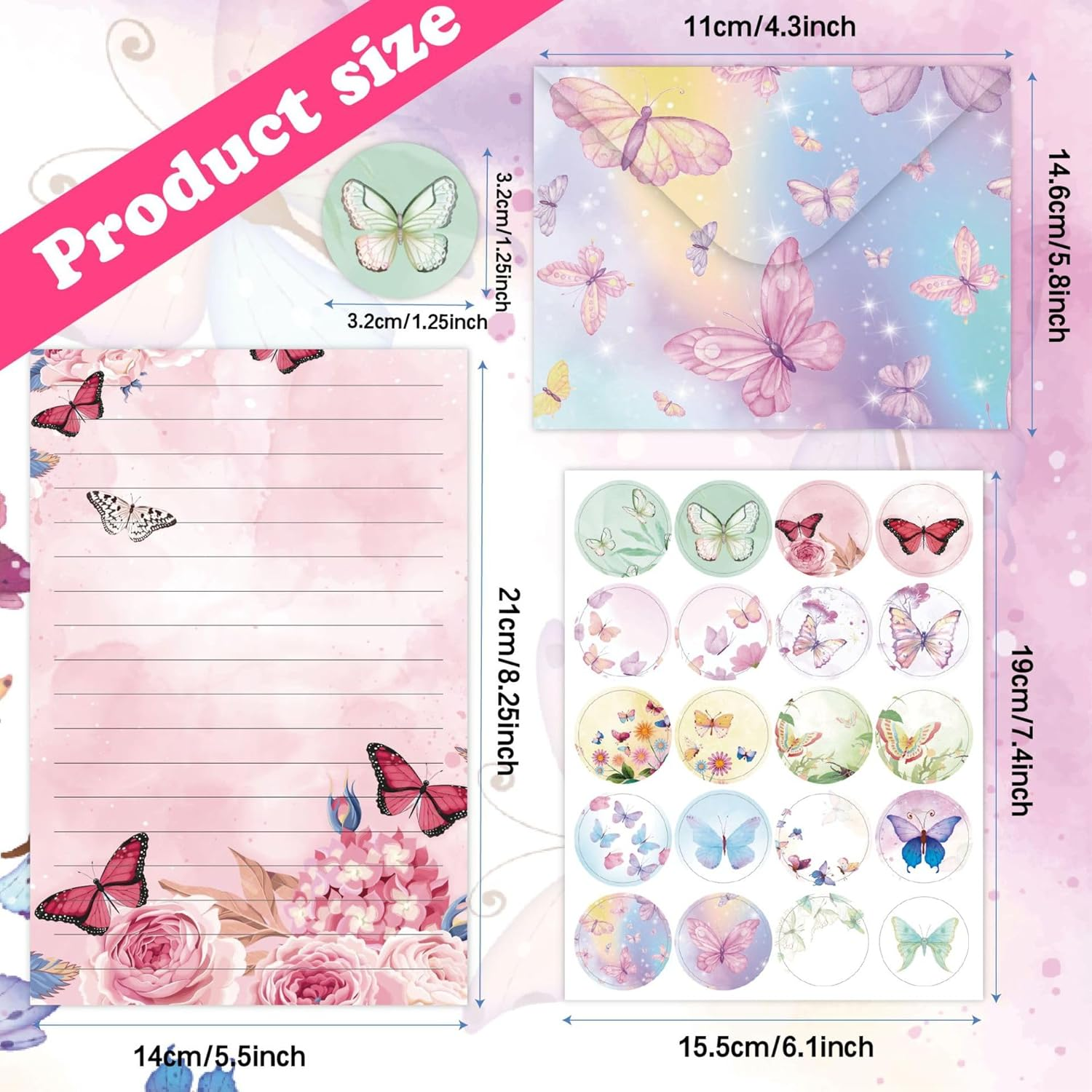 Buziba 160 Pcs Watercolor Butterfly Stationery Paper Writing Papers Matching Envelopes Set with round Stickers Lined Lettler for Writing Letters Greeting Cards Invitations (Watercolor Butterfly) image number 5