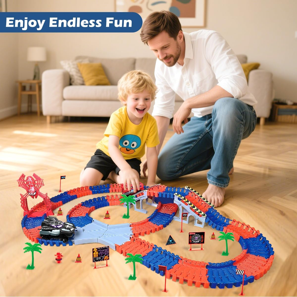 Kaekid Spider Race Track for Kids Age 3-8, 212PCS Race Car Track with 2 Spider Cars, DIY Flexible Track Playset, Toddler Toys Birthday Gifts for Kids image number 1