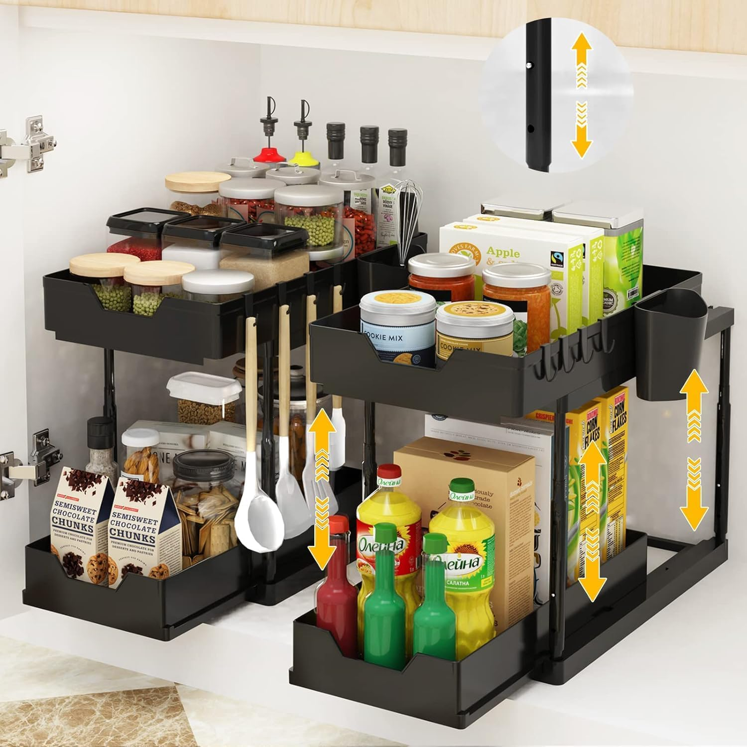 Adjustable Height under Sink Organizers, Wizsofer 1 Pack Double Sliding Bathroom Cabinet Organizer, Kitchen Multipurpose under Sink Cabinet Storage with Hooks and Cup (1PCS) image number 1