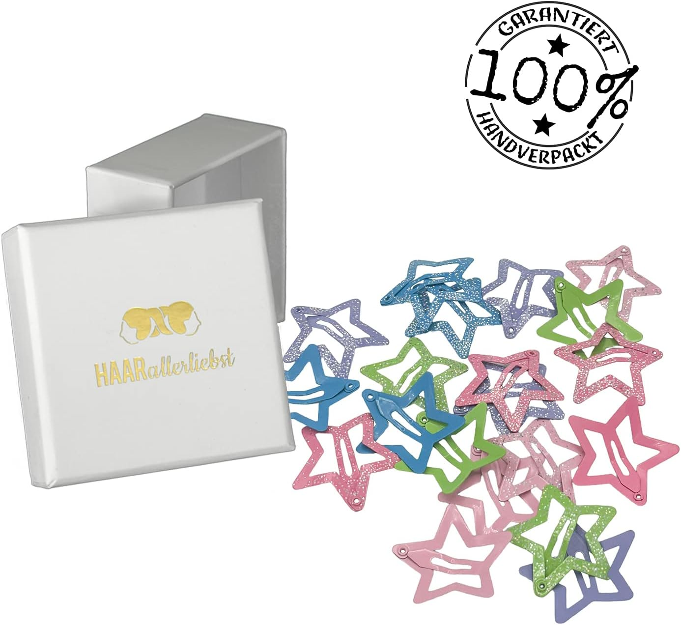 Haarallerliebst Hair Clips Stars Small (Pack of 20 | Colourful Glitter | 3 Cm) for Girls with Storage Box
