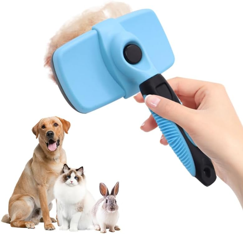 Self Cleaning Slicker Brush for Dogs & Cats, Gentle Deshedding and Hair Removal Tool for Long & Short Haired Pets, Easy Push Button, Purple - Blue image number 2