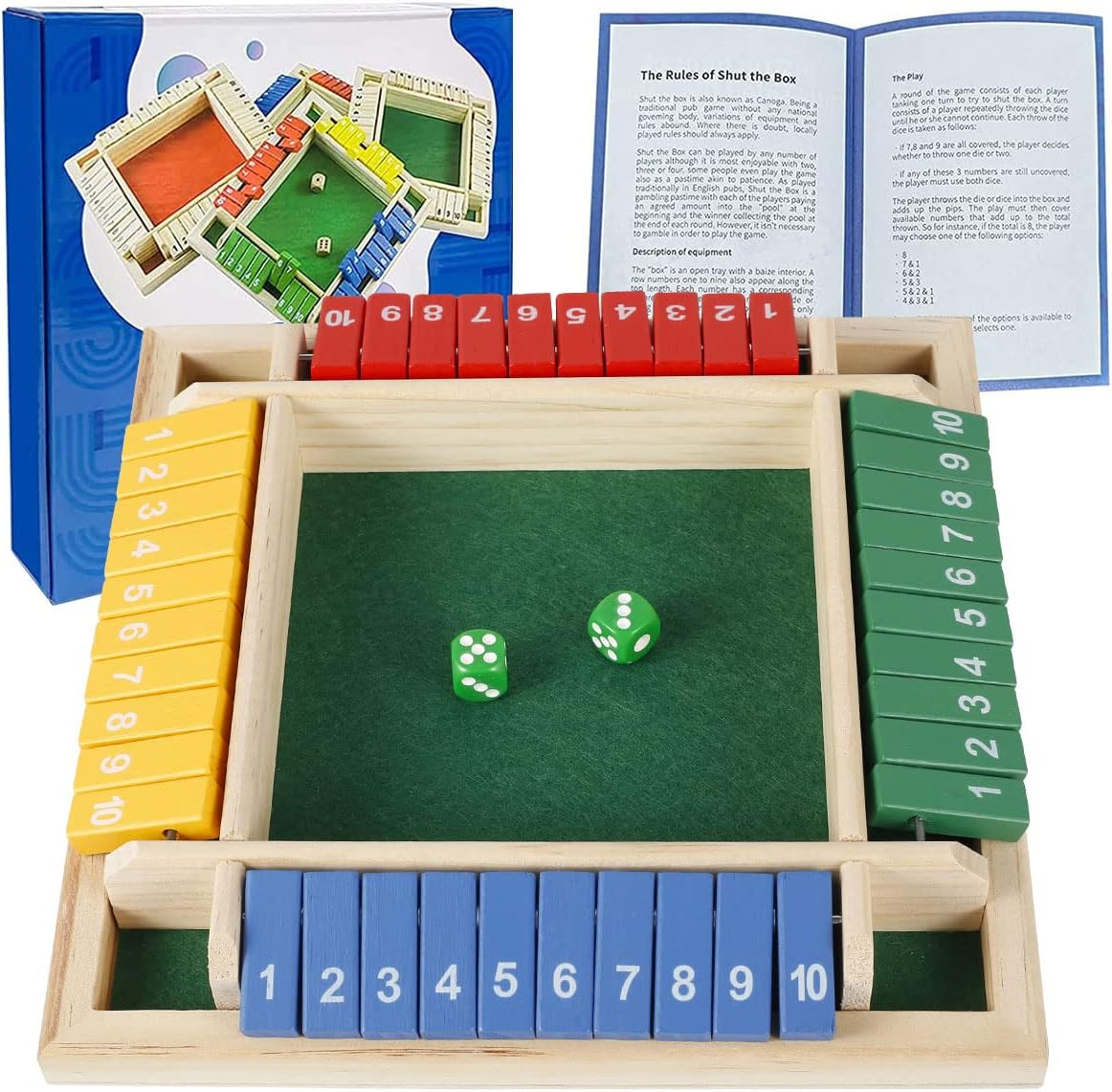 Shut the Box Dice Game，4 Player Shut the Box Wooden Board Games with 8 Colored Dices Educational Learning Dice Games for Family Party Pub Bar Board Game image number 3