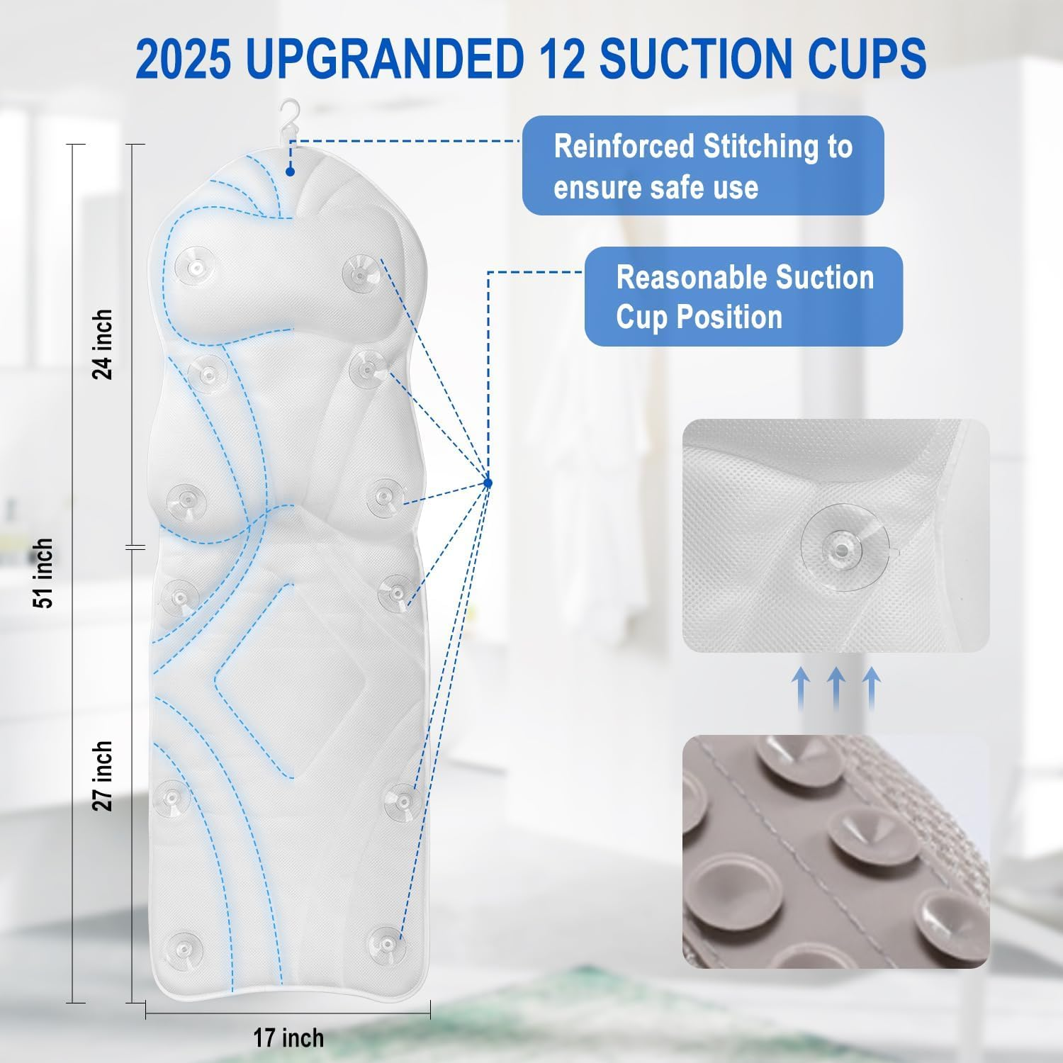 Full Body Bath Pillow for Bathtub, Thick Bathtub Cushion for Soaking Tub with Laundry Bag, Bathtub Accessories Bathtub Pillow Luxury Bathtub Pillows for Head,Neck & Back (White) image number 2