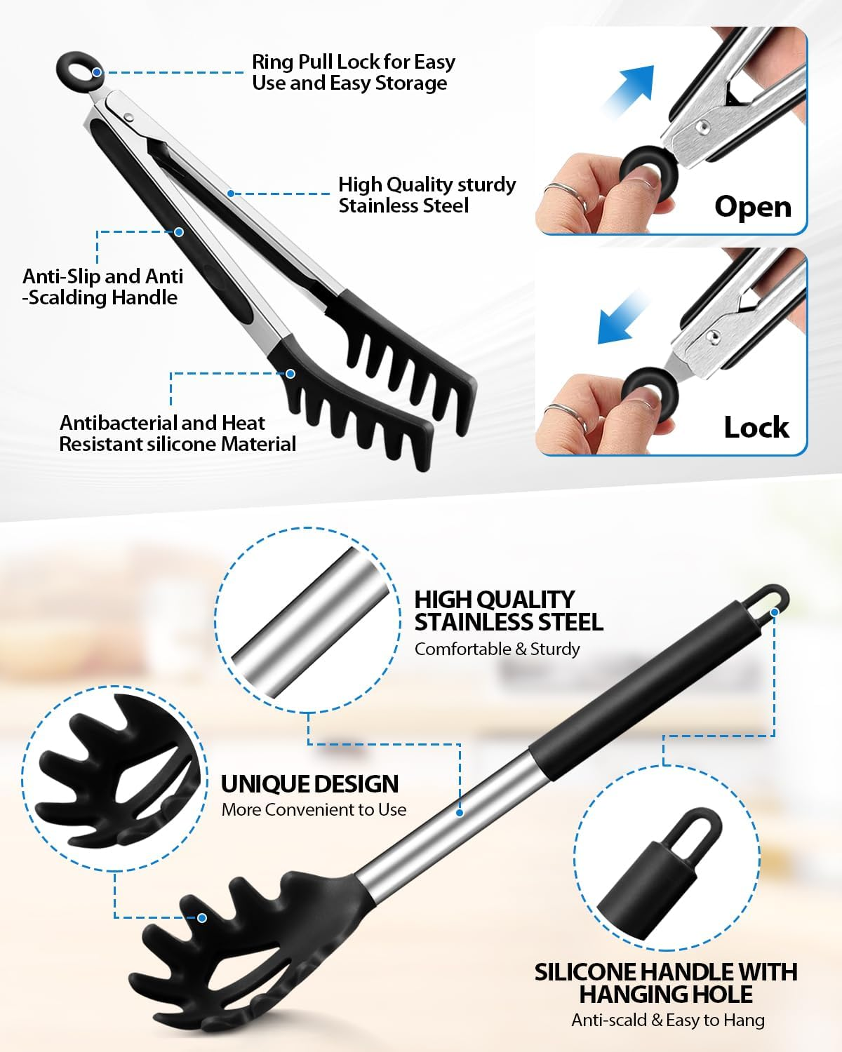 Spaghetti Spoon and Pasta Tong, Non-Stick Silicone Spoon Server Fork with Teeth and Stainless Steel Handle Spaghetti Tong, Food Clip for Spaghetti Noodle (BLACK) image number 1