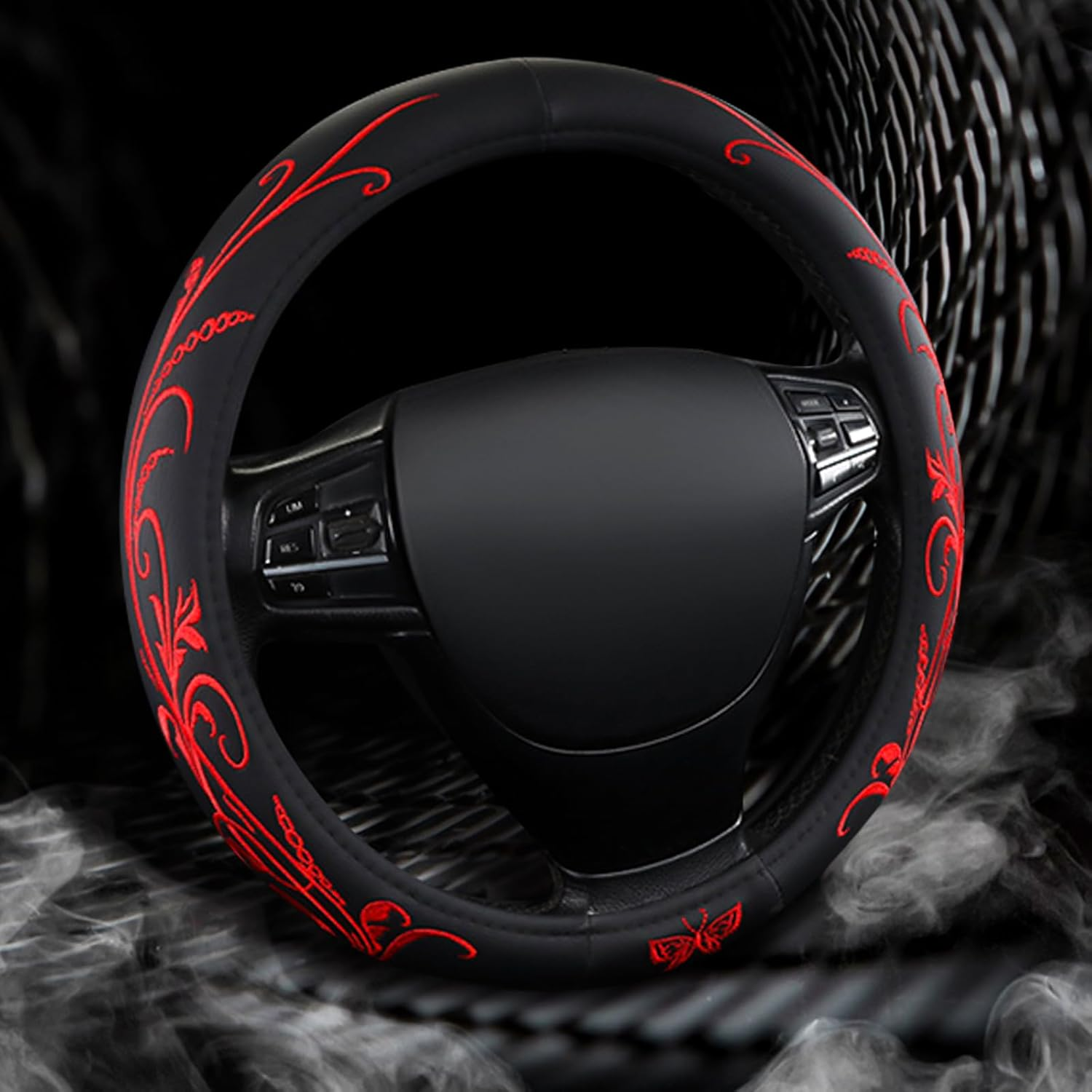 Red Embroidery Butterfly Car Steering Wheel Cover,14.5-15 Inch Universal Leather Covers Breathable Anti-Slip Odorless Steering Wheels Accessories for Men Women - Black  White image number 6