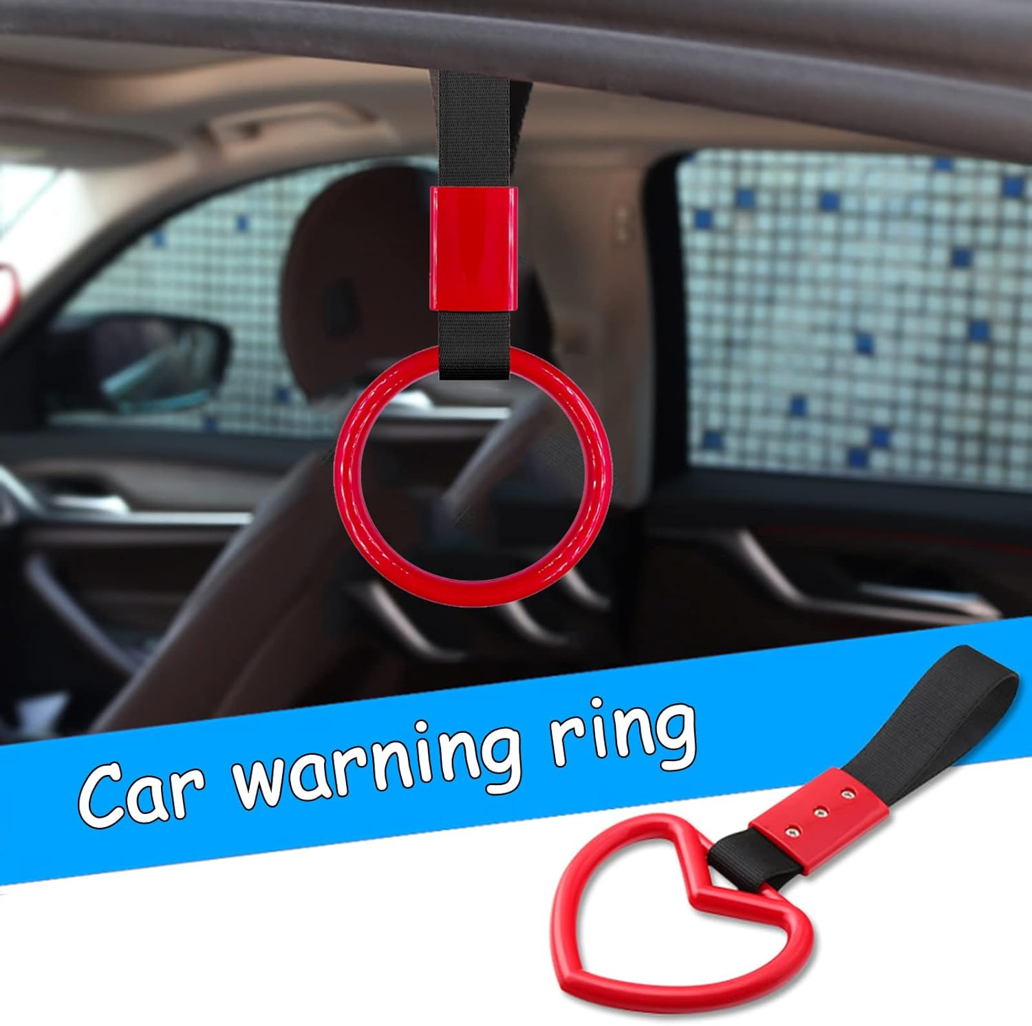 Betterjonny 4 Pieces Tsurikawa round Heart-Shaped Car Hand Straps, ABS Ring Heart-Shaped Car Hand Strap Decorative Warning Loops with Screwdriver for Car Motorcycle Interior Exterior Decoration (Red)