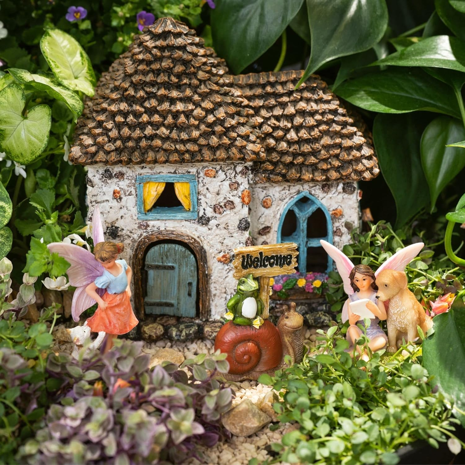 PRETMANNS Fairy Garden House Kit - Accessories with Miniature Fairies & Welcome Sign &ndash; Fairy House Is 6&rdquo; High &ndash; Fairy Garden Supplies 4 Pieces image number 4