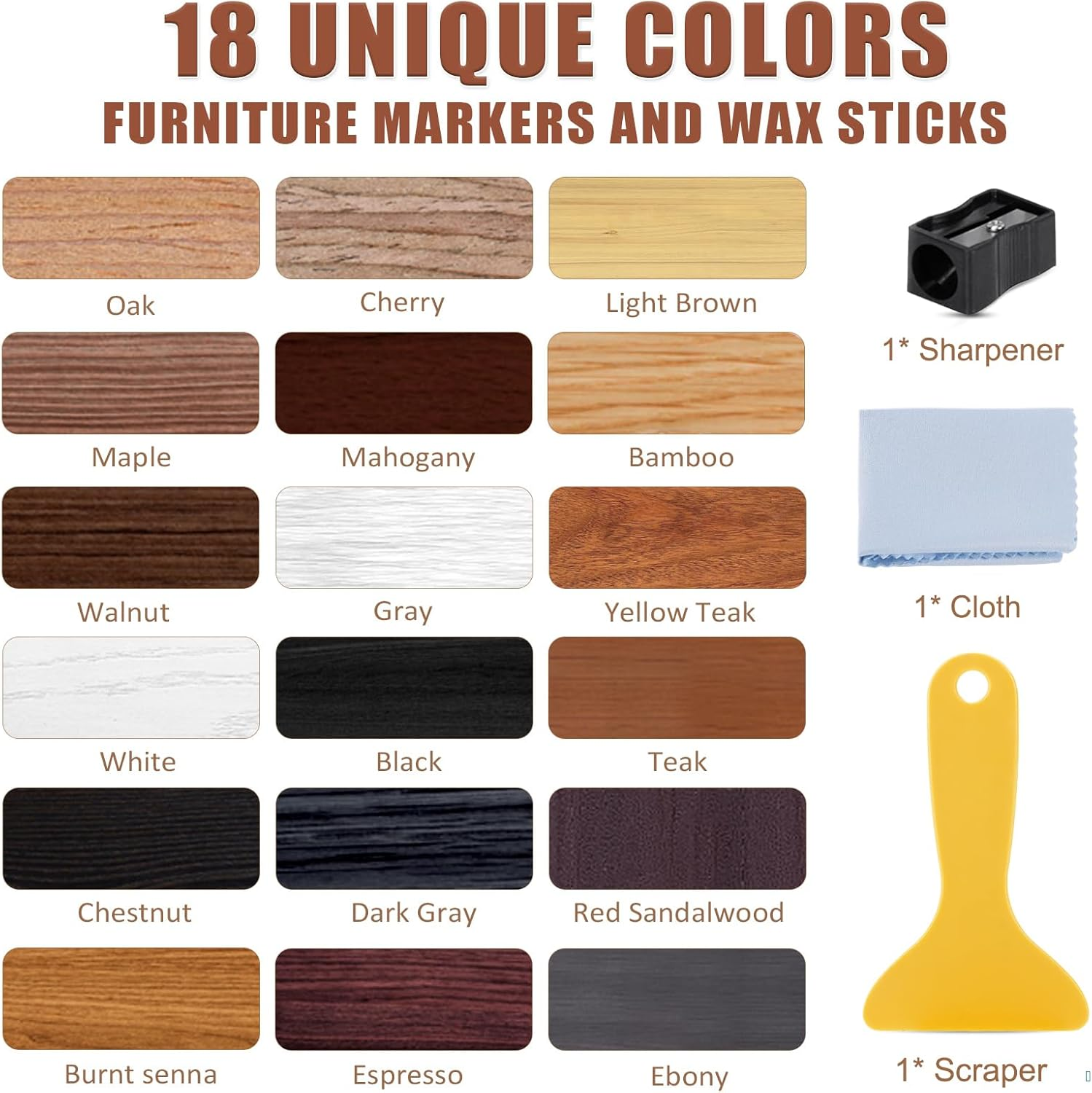 SEISSO 18 Colors Wood Filler Sticks ＆ Wood Markers Furniture Repair Kit - Set of 39 - Wood Floor Scratch Repair, Furniture Markers Touch up Restore Wood Floors, Tables, Holes, Laminate, Carpenters image number 4