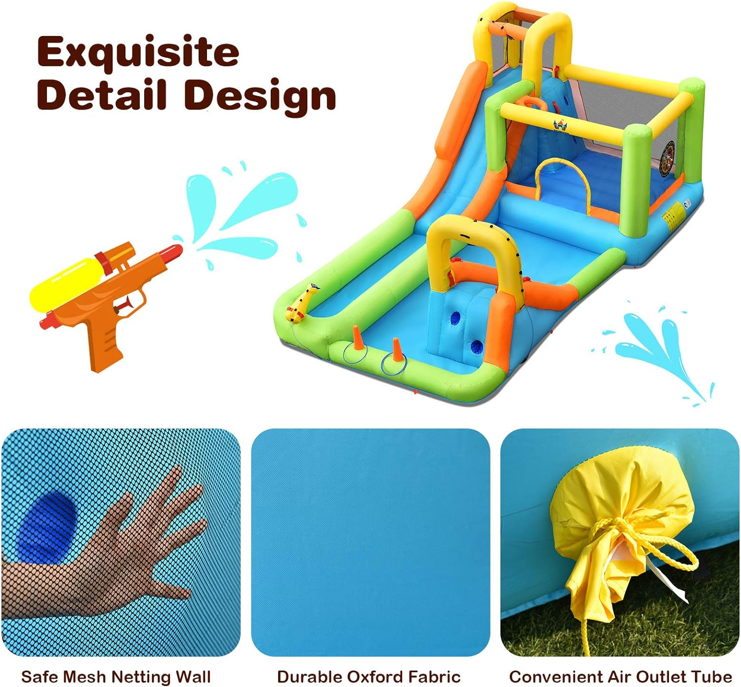 HONEY JOY Inflatable Water Slide, 8 in 1 Water Park W/Double Slides, Basketball Hoop, Water Gun, Ring Toss Game, Climbing Wall, Wet Dry Inflatable Jumping Castle for Outdoor (With 680W Blower) image number 3