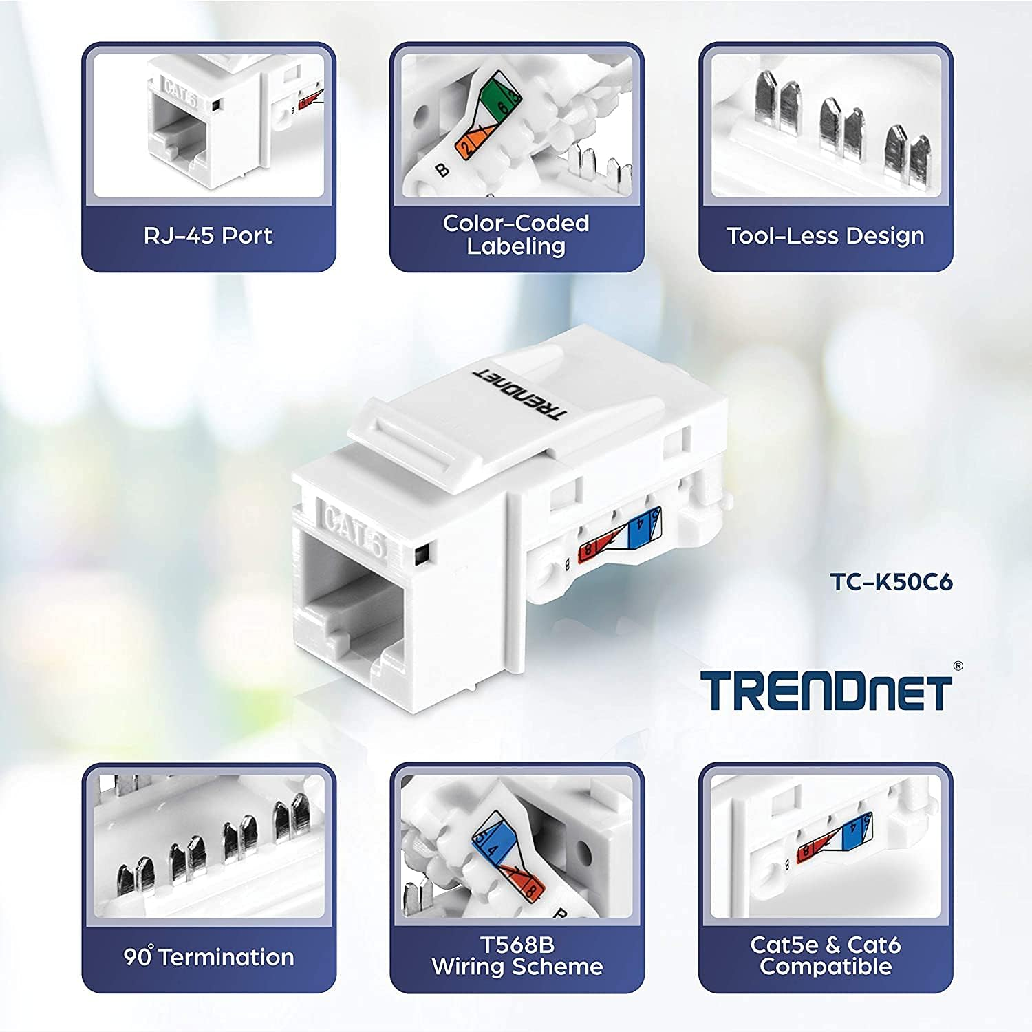 Trendnet Cat6 RJ45 Keystone Jack 50-Pack Bundle, TC-K50C6, Compatible with Cat5/Cat5E/Cat6 Cabling, Use with the TC-KP24 or TC-KP48 Blank Keystone Patch Panels(Sold Separately) White image number 1
