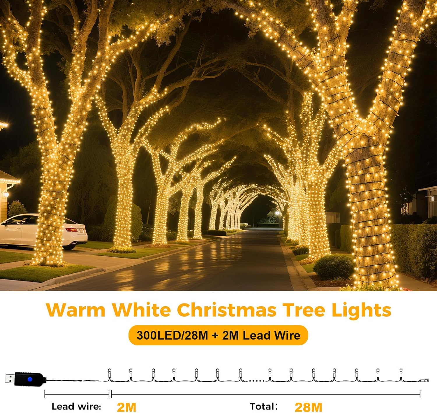 Christmas Lights & Fairy Lights, 30M 300 Leds USB String Lights with 8 Lighting Modes for Indoor Outdoor Bedroom Wedding Decor Party Christmas Tree Lighting (300Leds Warm) image number 2