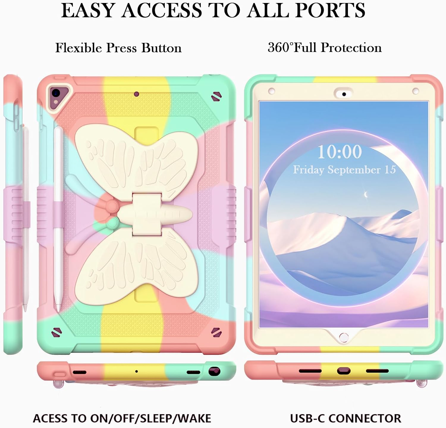 ROUMAYMAY for Ipad 9Th 8Th 7Th Generation Case Kickstand Butterfly Wings, for Ipad 10.2 Case (2021/2020/2019) for Ipad Air 3 10.5 Pencil Holder Shockproof Protective Cover Kids Girls, Colorful Pink image number 6