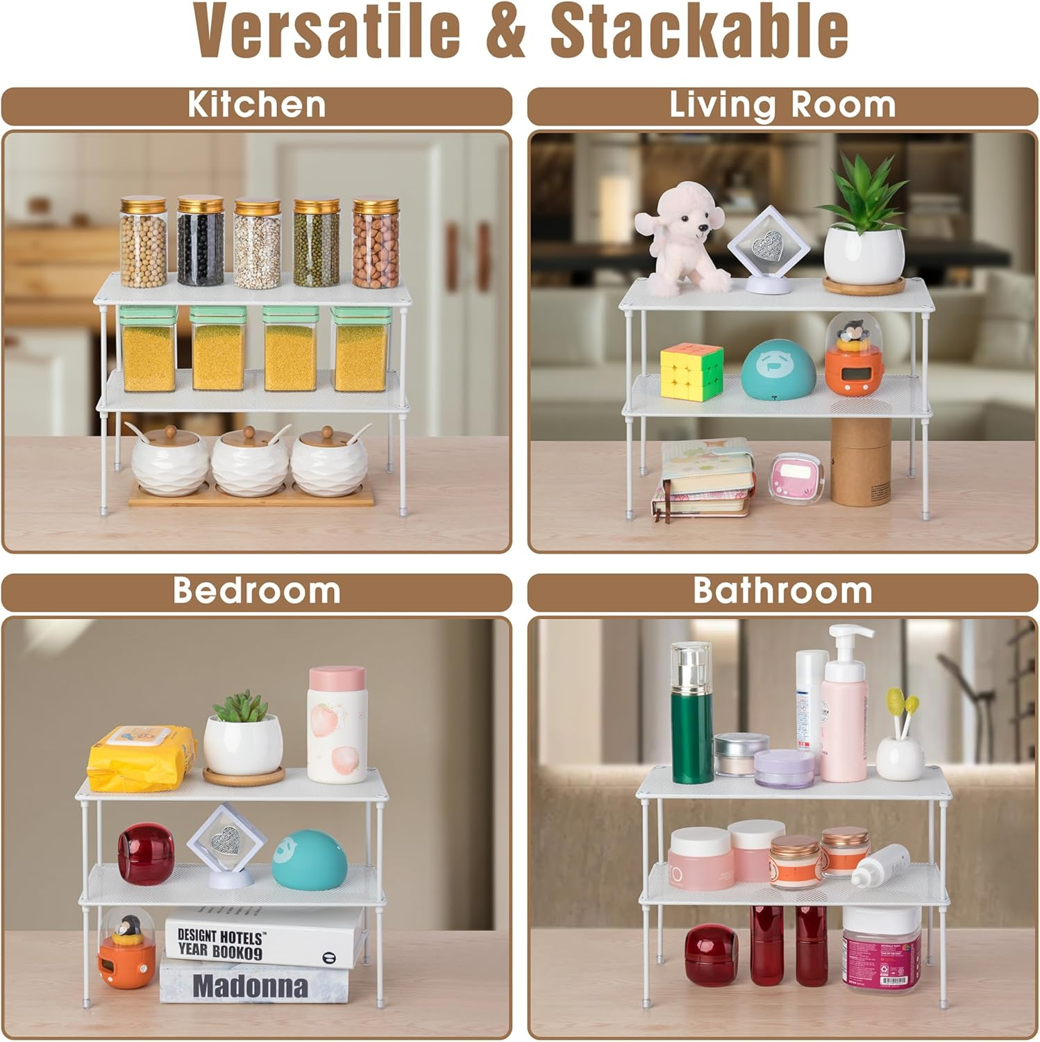 QIWODE Kitchen Cupboard Organiser, Spice Rack, Stackable Shelf, Space Divider Unit, Storage Stand for Kitchen, Pantry, Cabinet, Desktop, Countertop, White image number 3