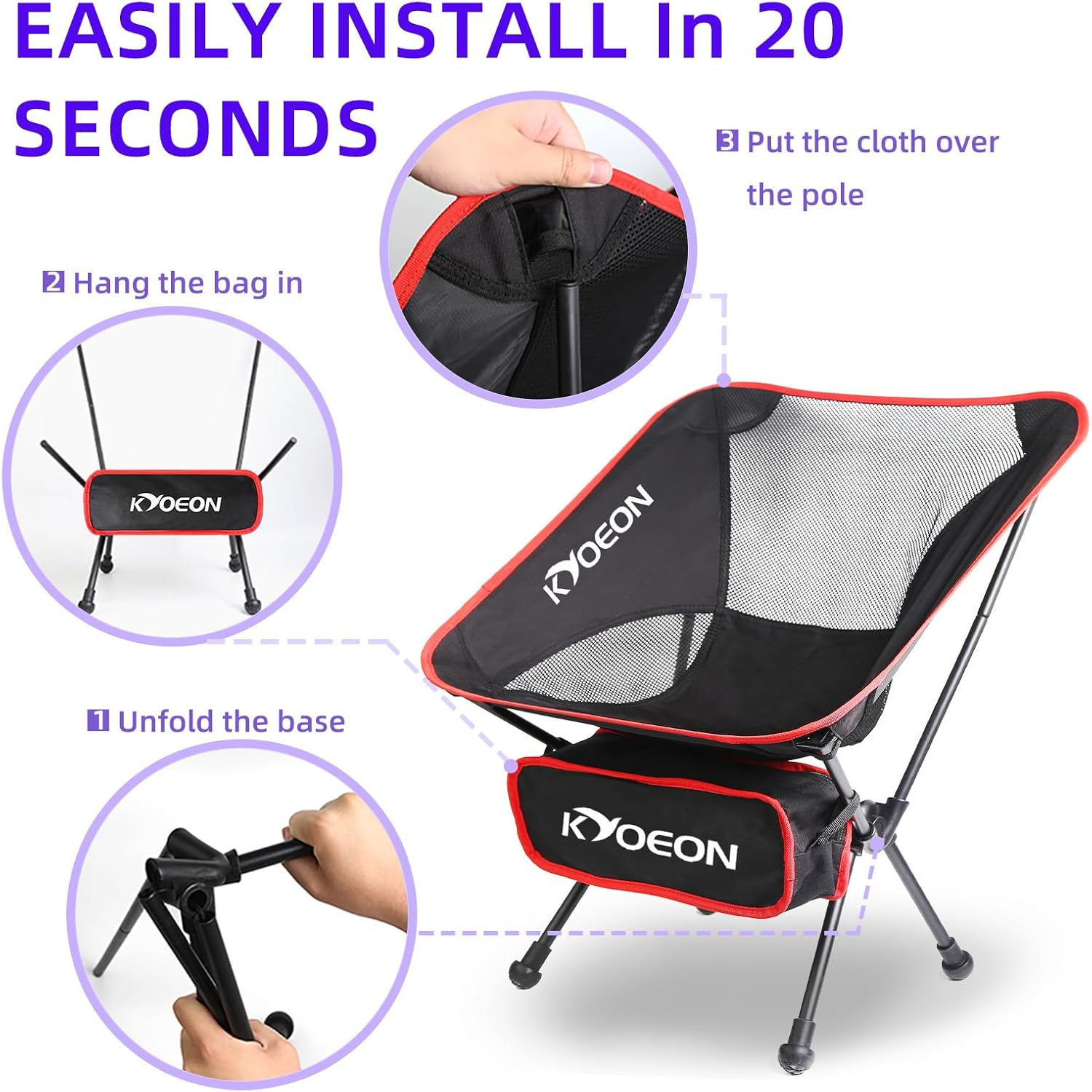 Foldable Camping Chair, Ultralight Beach Chair, 150 Kg Durable Folding Backpacking Chair with Robust Frame and Comfortable Backrest for Outdoor, Beach, Picnic, Hiking, Lawn image number 3