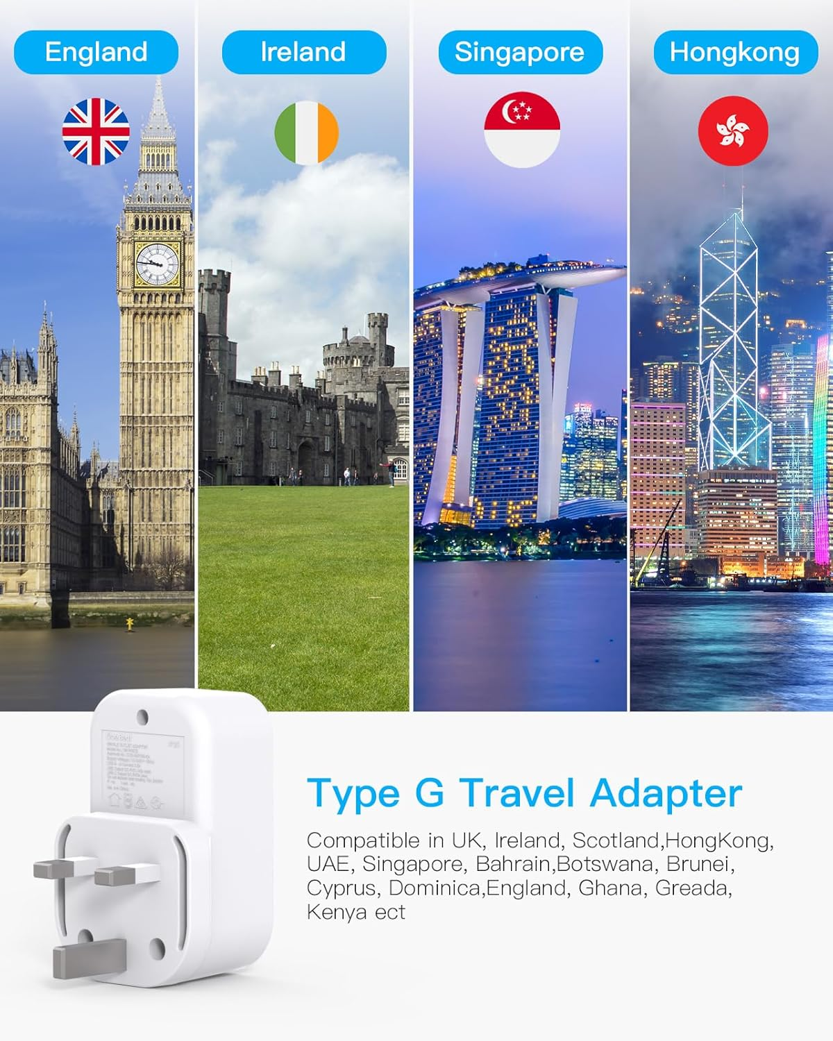 UK Travel Adapter, AU to UK Travel Plug Adapter with 2 USB C 2 USB a Charging Sation, Travel Power Plug for Ireland England Scotland Kenya London British Irish Hong Kong, Travel Accessories(Type G) image number 6