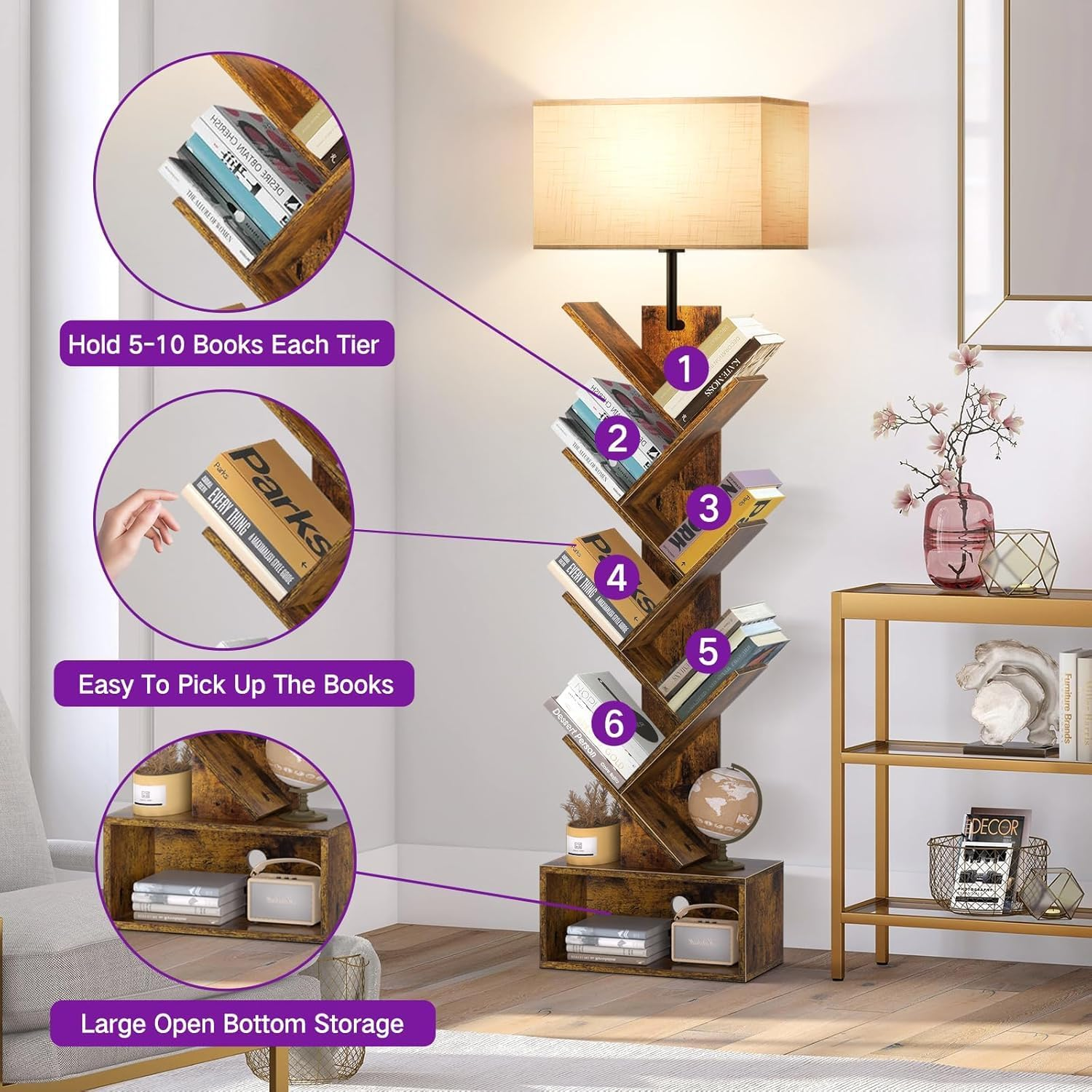 WAMBORY 6 Tier Tree Bookshelf with Light for 3 Color Temperature, Vertical Bookcase Tower for Books,Cds,Standing Book Organizer with Storage Cabinet, Corner Display Bookshelf Lamp for Living Room image number 5