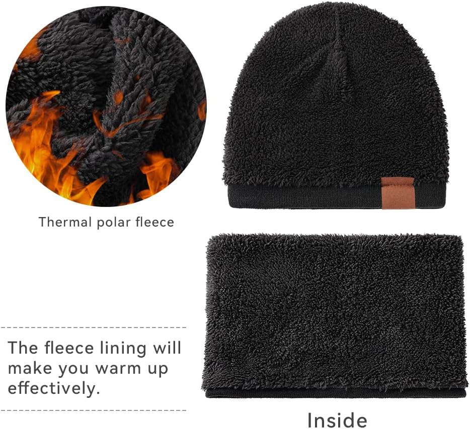 OZERO Winter Beanie Gloves Scarf Set Men and Women Scarf Gloves Set Winter Warm Knitted Beanie and Touch Screen Gloves(Black 3 Pieces) image number 2