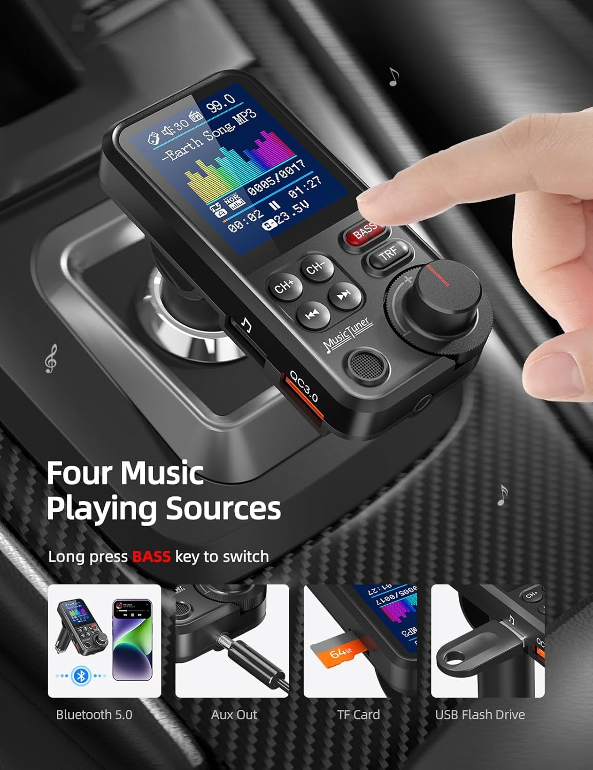 Nulaxy Car Bluetooth Transmitter, Strong Microphone Bluetooth Car Radio Adapter with 1.8" Color Screen for Hands Free Calls, Supports QC3.0 Charging, Treble and Bass Sound Music Player- KM30