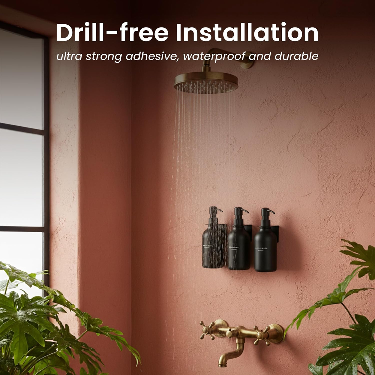 MAISONOVO Shampoo Dispenser for Shower Wall 3 Chamber - Drill Free Shower Soap Dispenser Wall Mount with Waterproof Labels | 3 Black Plastic Bottles with Black Metal Pumps