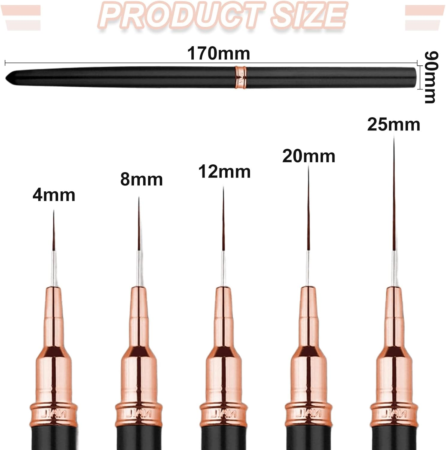 AABDTYYD 5 Pcs Premium Fine Line Nail Art Brushes Set,Professional Liner Brush Nail Tools for Expert Lining and Intricate Detailing,Featuring Multiple Sizes 4/8/12/20/25Mm,Black