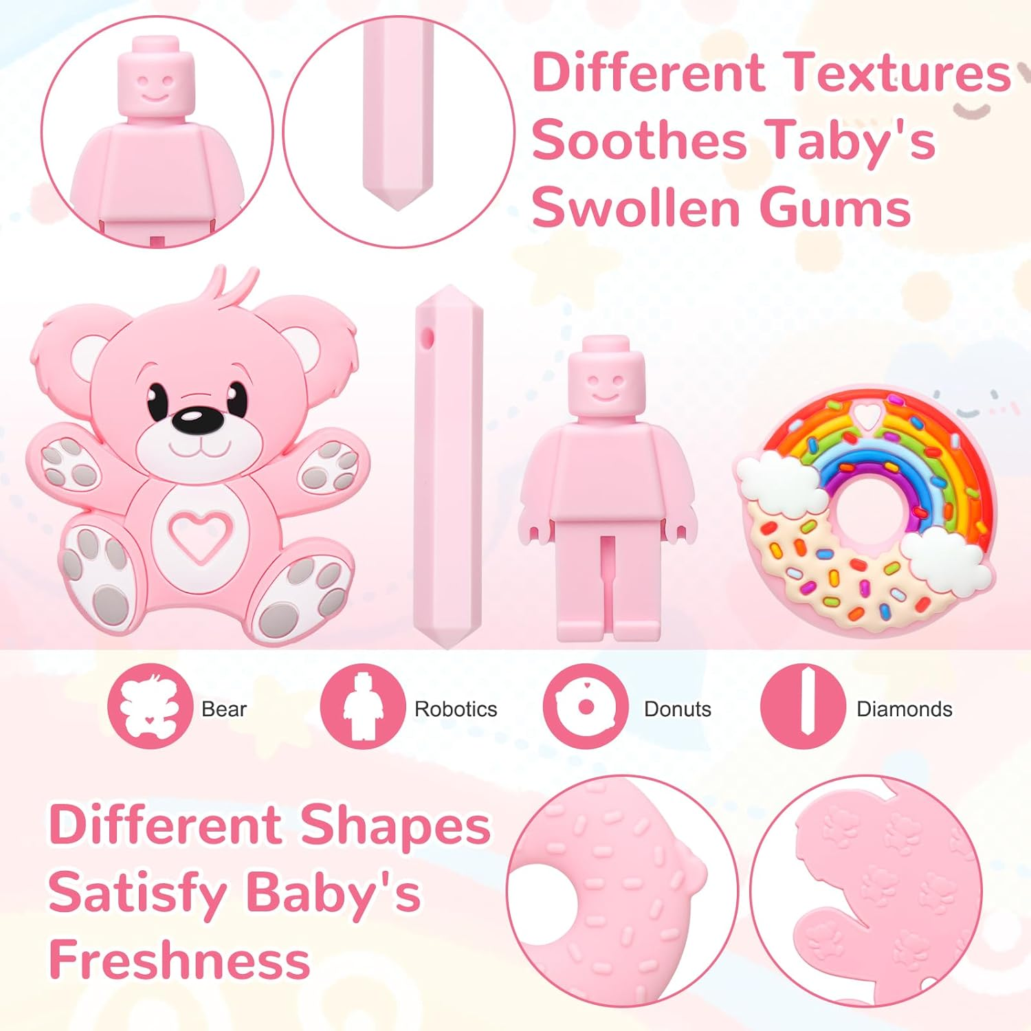 MR.TIMELAG Chew Necklaces for Adults and Babies - Bear 4-Piece Set, Bpa-Free Silicone Sensory Chew Necklaces for Anxiety Relief, Easy to Hold, with Massage Blocks to Relieve Teething Pain