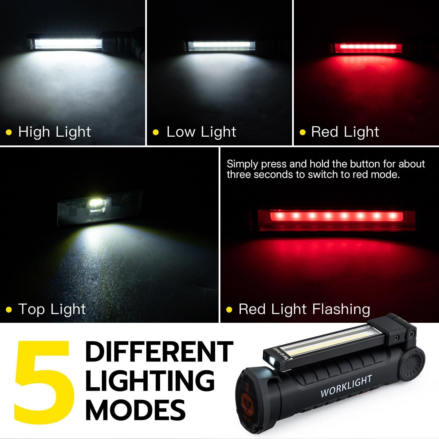Mcbazel Rechargeable LED Work Light-5 Modes 360&deg; Rotatable Magnetic Torch with USB-C Charging,Portable Camping Light for Car Repair, Emergency, Garage, BBQ & DIY Projects image number 3