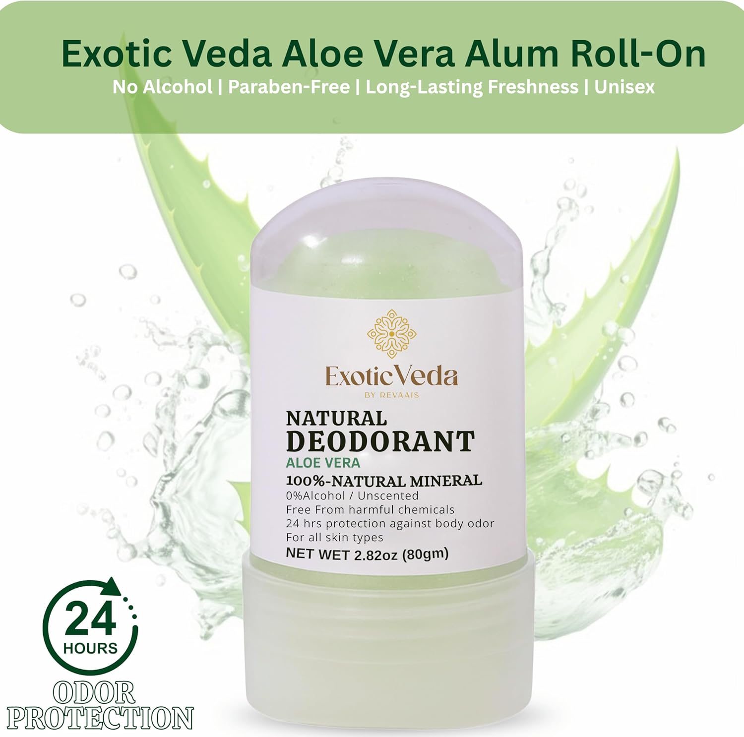 Alum Aloe Vera Deodorant Stick | 100% Natural Mineral Salt Roll-On | Alcohol & Chemical-Free | 24-Hour Odor Protection | Gentle on Sensitive Skin | Travel-Friendly, 80G (2.82 Oz) image number 3