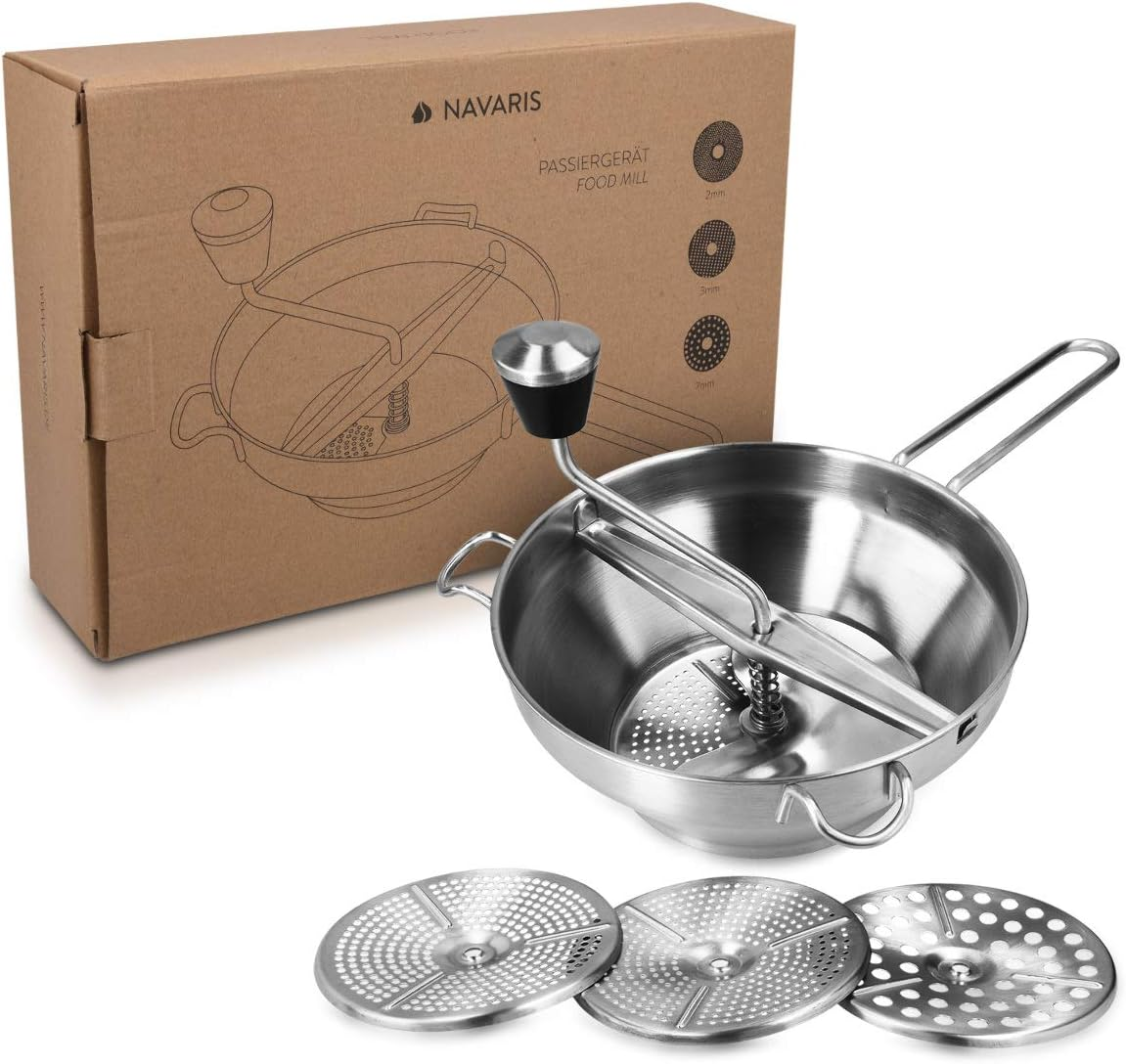 Navaris Food Mill - 8.1" Stainless Steel Rotary Food Mill with Hand Crank and 3 Grinding Discs - Grind & Puree Tomato Sauce, Mashed Potatoes - or for Canning Applesauce