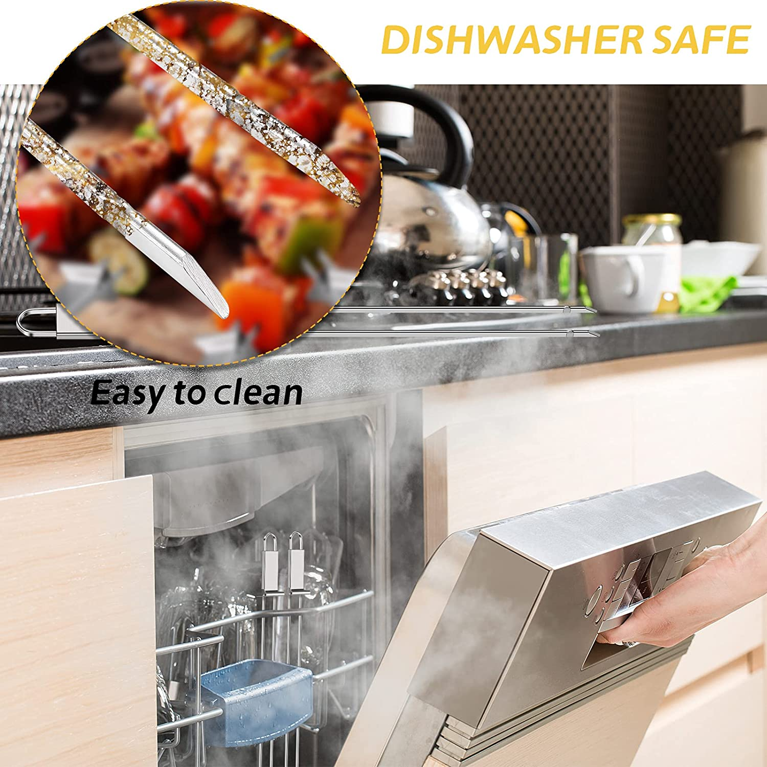 Lallisa Kabob Skewer for Grilling Metal Stainless Steel BBQ Skewer Stick with Push Bar Reusable Double Pronged Kebab Skewer Tool Quick Release Meat Chicken Vegetable and Fruit for Father (12 Pieces) image number 4