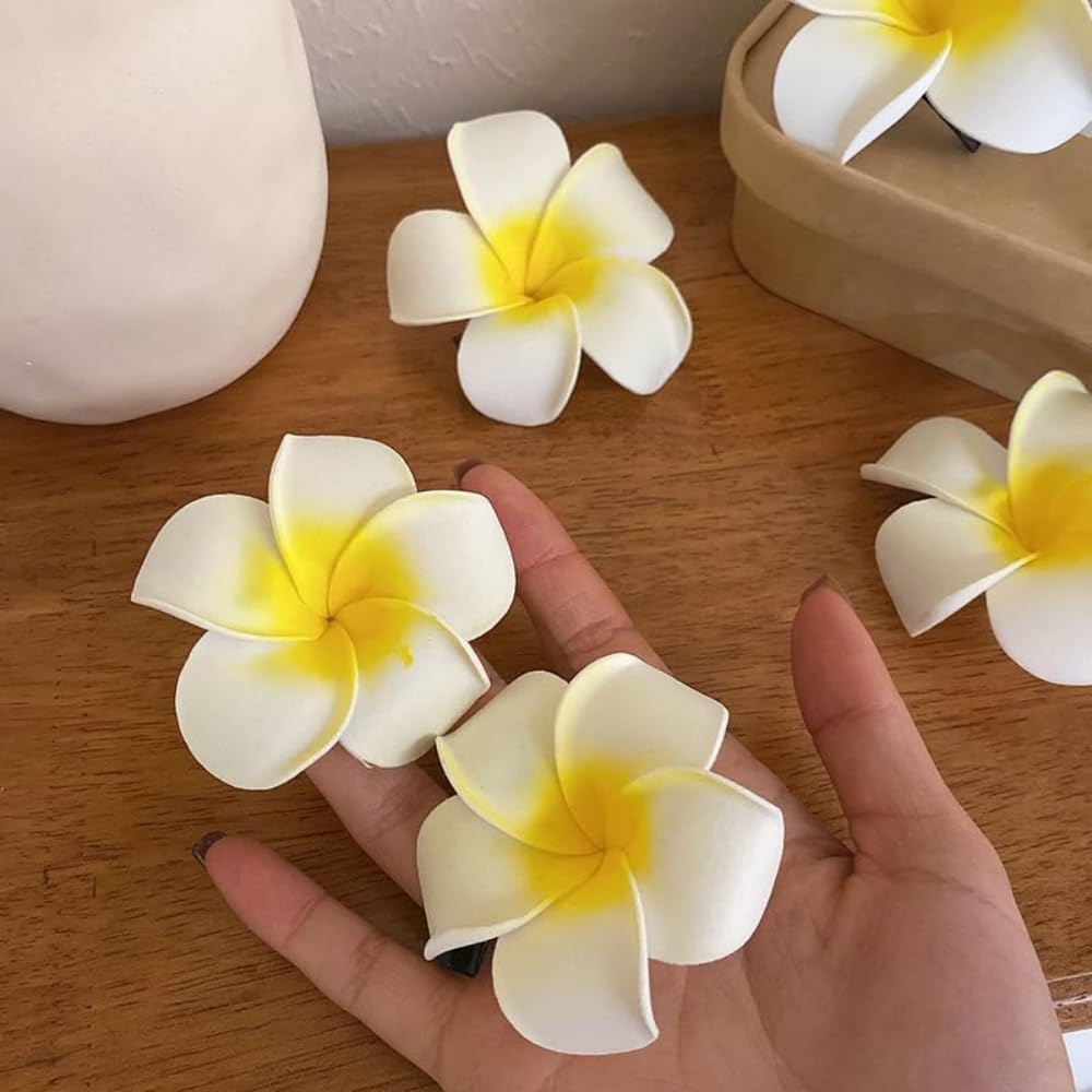 2 Pieces Frangipani Hawaiian Frangipani Plumeria Foam Head Flower Party Beach Hair Clips and Hair Clips image number 4