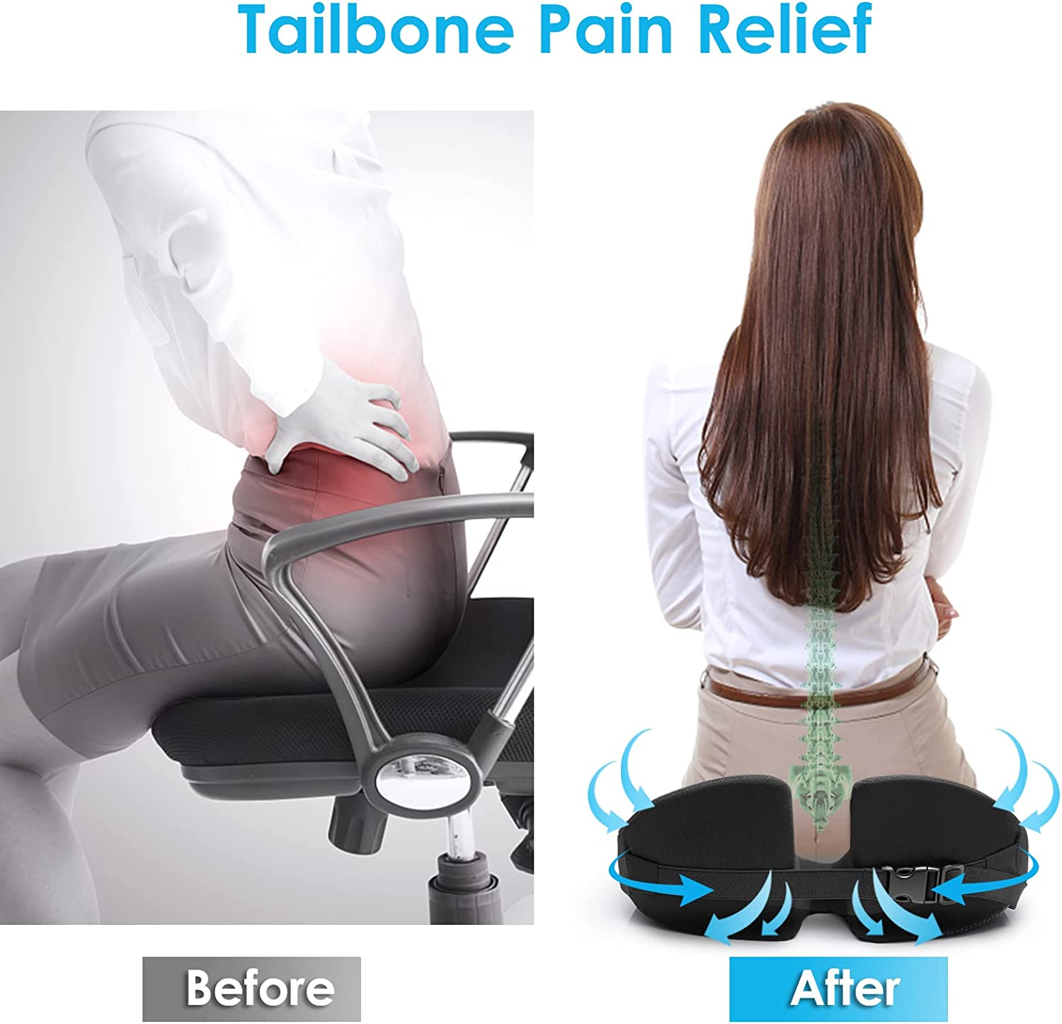 Comfortable Memory Foam Coccyx Cushion, Designed to Relieve Tailbone Pain, Sciatica, Ergonomic Chair Cushion, Suitable for Long Sitting in Car, Office, Travel, Wheelchair, Skid-Proof, Washable Cover image number 1