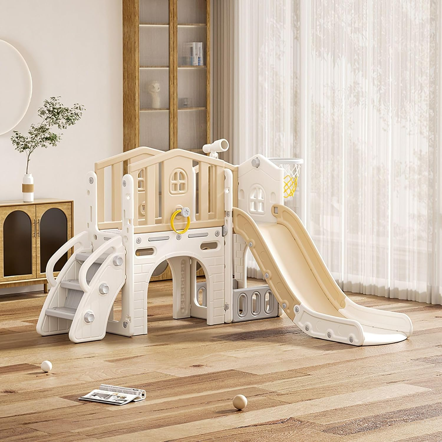 KIDBOT 7In1 Kids Slide Set with Basketball Hoop, Kid Playground Telescope Steps Activity Centre Tunnel Ring Toss Indoor Outdoor Playset Toy