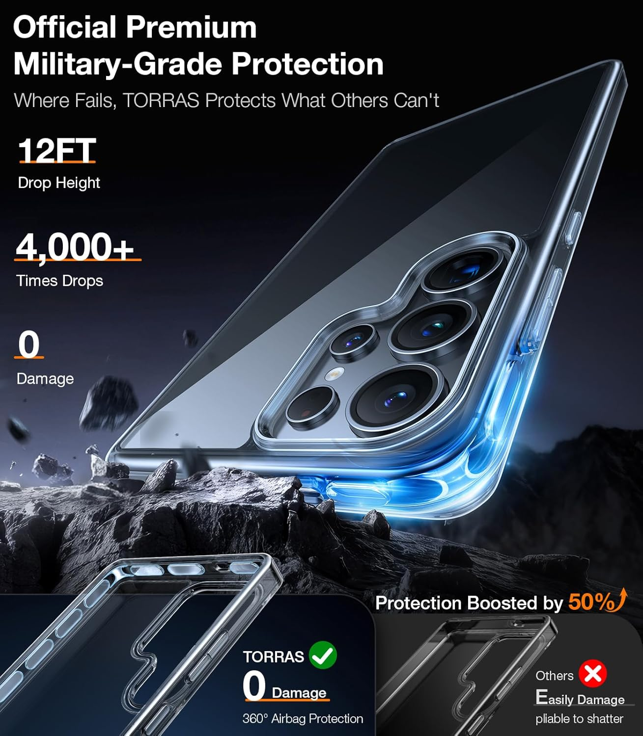 TORRAS Shockproof for Samsung Galaxy S25 Ultra Case 6.8'',12FT Military Grade Drop Tested, Protective Hard Semi-Clear Matte Back & Soft Edge Slim Galaxy S25 Ultra Clear Case Guardian Series, Clear image number 4