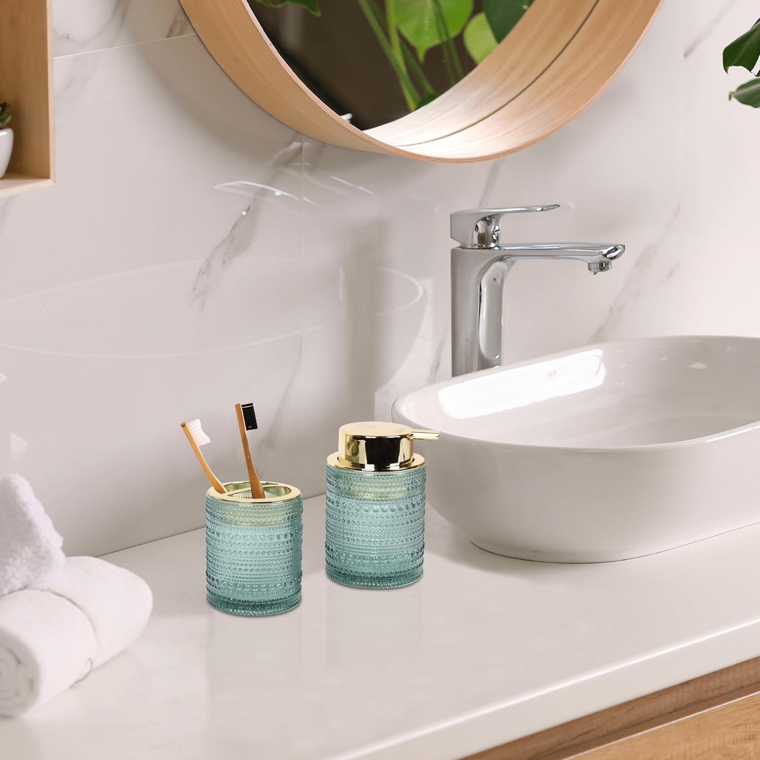 FEILANDUO Bathroom Accessories Set,4Pcs Glass Bathroom Accessories,Vanity Bathroom Decor, Soap Dispenser, Toothbrush Holder Set, Apothecary Jar, Gift for Home Apartment (Green), Pink/Green image number 6