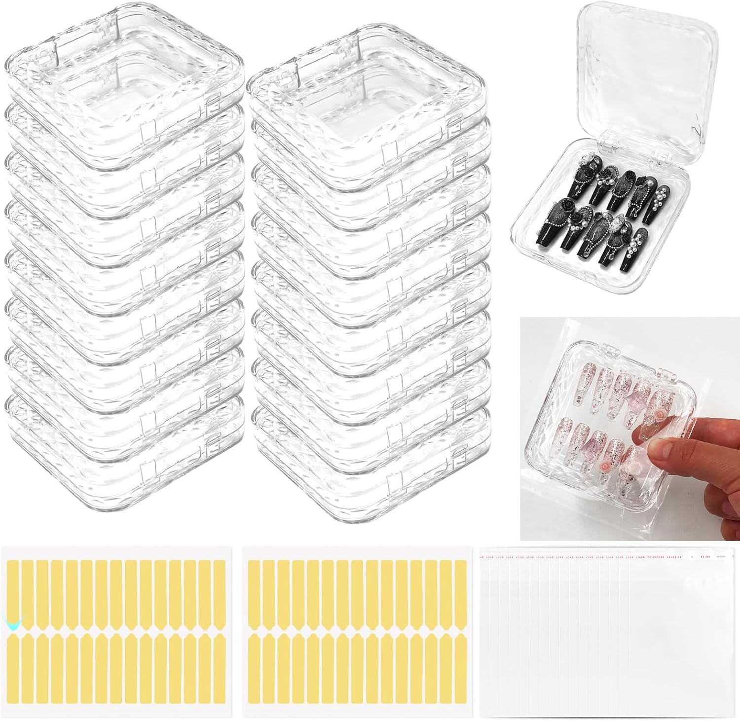 Daily Treasures 92Pcs Press on Nails Packaging Set,16Pcs Rhombic Nail Storage Box(7.5&times;7.5Cm)&60Pcs Upgraded Double Sided Tape &16Pcs Self-Adhesive Bags,Transparent False Nail Display for Nail Business image number 4