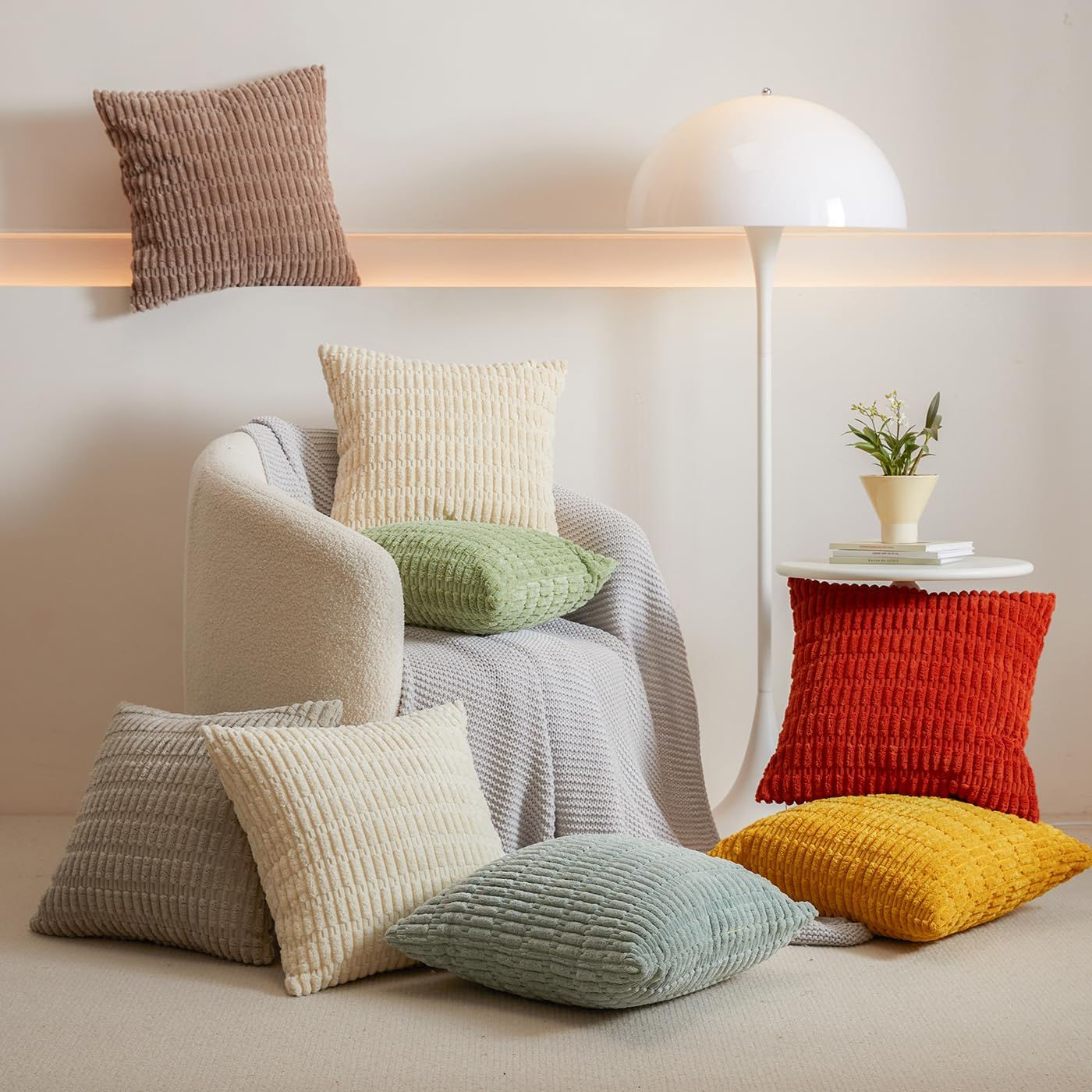 Pack of 2 Corduroy Decorative Throw Pillow Covers 18X18 Inch, Soft Neutral Couch Pillow Covers Boho Plush Striped Cushion Cases Rustic Farmhouse Home Decor for Sofa Bedroom Living Room Couch Balcony - Light Brown image number 3