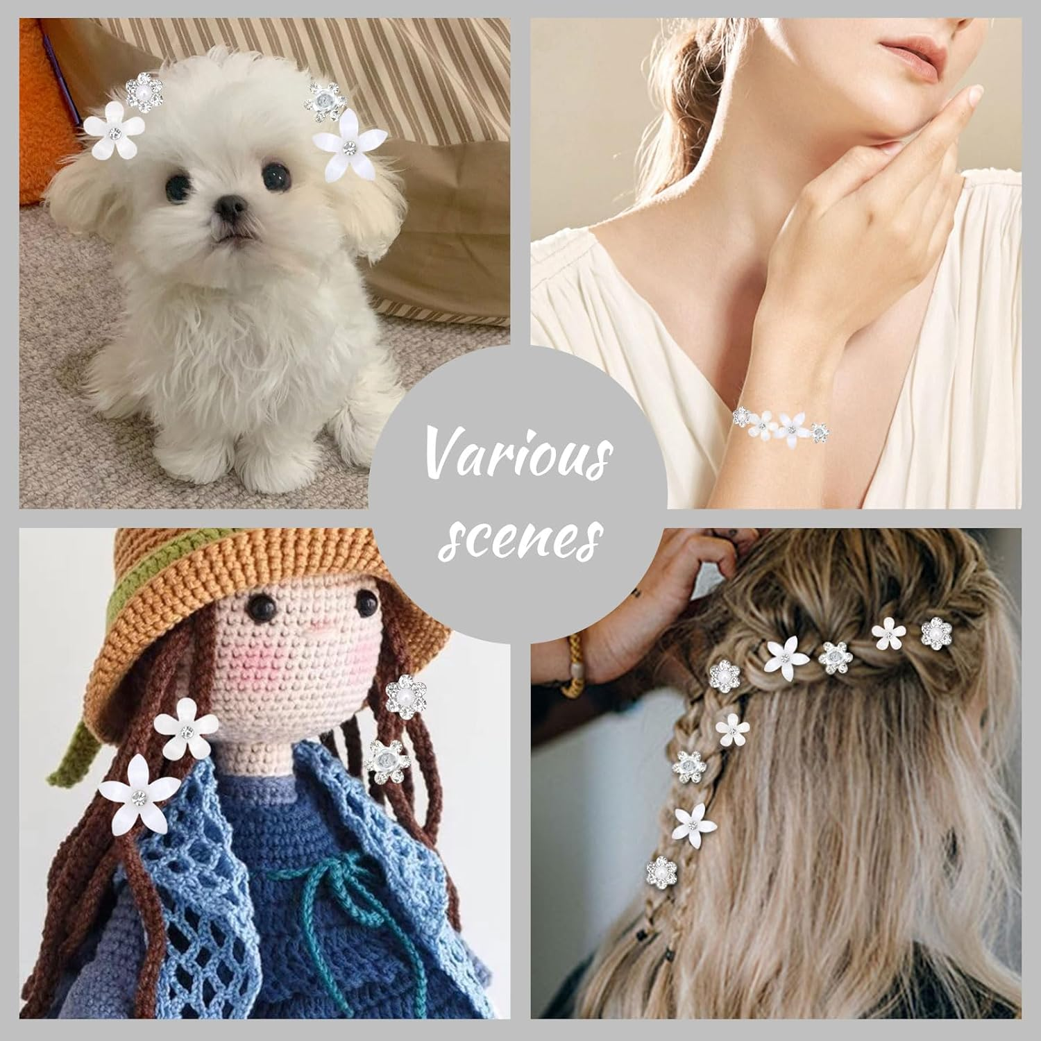 Mezrkuwr 20 Pieces White Small Flower Hair Clips Mini Rhinestone Metal Hair Pins for Women Bridal Flower Girl Wedding Hair Clips Hair Accessories for Girls and Women