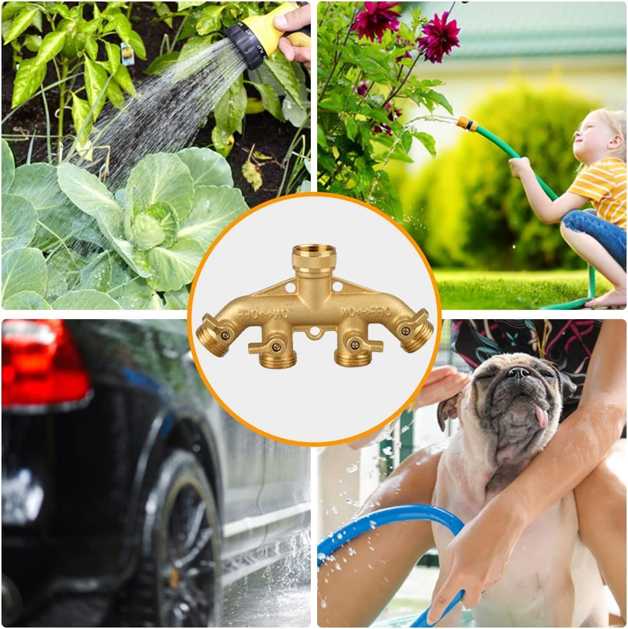 Garden Hose Splitter 4 Way, 3/4" Water Splitter with 8 Gaskets and Seal Tapes, 4 Way Independent Valve Heavy Duty Bronze Body Garden Hose Connector for Gardens, Home Life, Household Use