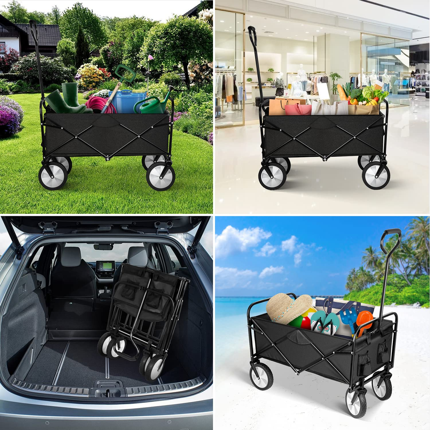 YSSOA Rolling Folding & Rolling Collapsible Garden Cart, Outdoor Camping Wagon Utility with 360 Degree Swivel Wheels & Adjustable Handle, Black 220Lbs Weight Capacity image number 3
